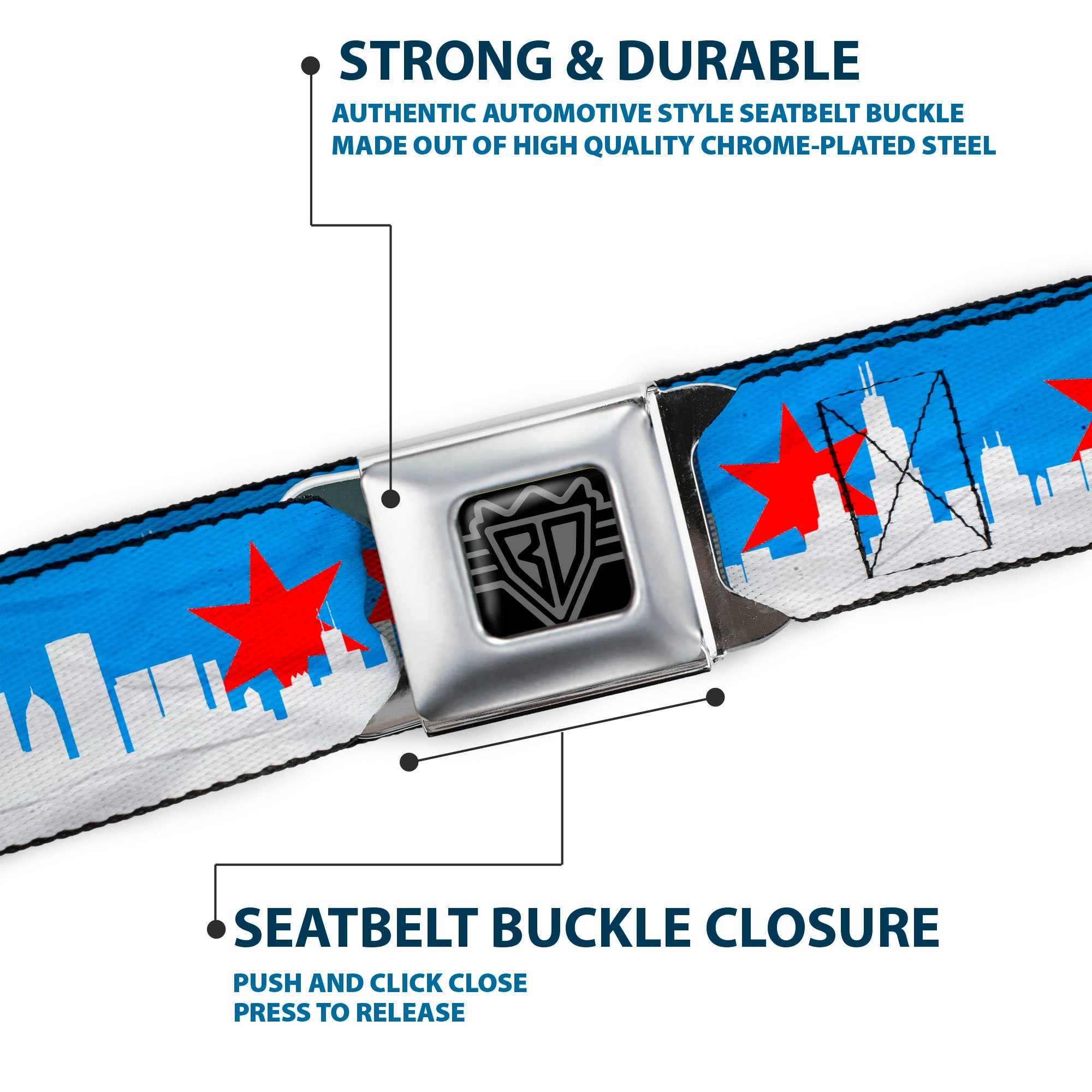 BD Wings Logo CLOSE-UP Full Color Black Silver Seatbelt Belt - Chicago Skyline/Flag Distressed Black/White/Red Webbing Seatbelt Belts Buckle-Down