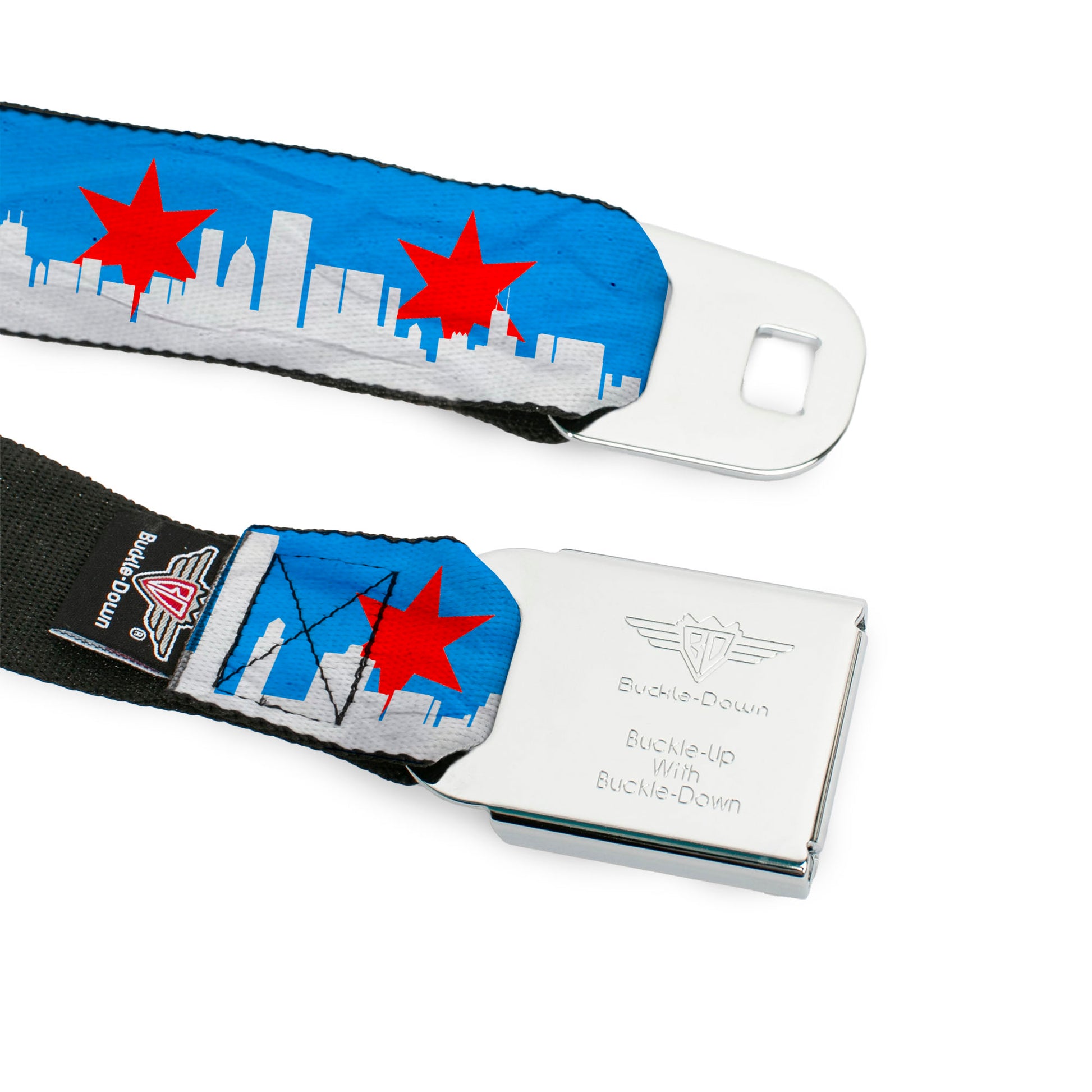 BD Wings Logo CLOSE-UP Full Color Black Silver Seatbelt Belt - Chicago Skyline/Flag Distressed Black/White/Red Webbing Seatbelt Belts Buckle-Down