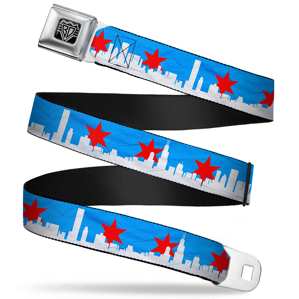 BD Wings Logo CLOSE-UP Full Color Black Silver Seatbelt Belt - Chicago Skyline/Flag Distressed Black/White/Red Webbing Seatbelt Belts Buckle-Down