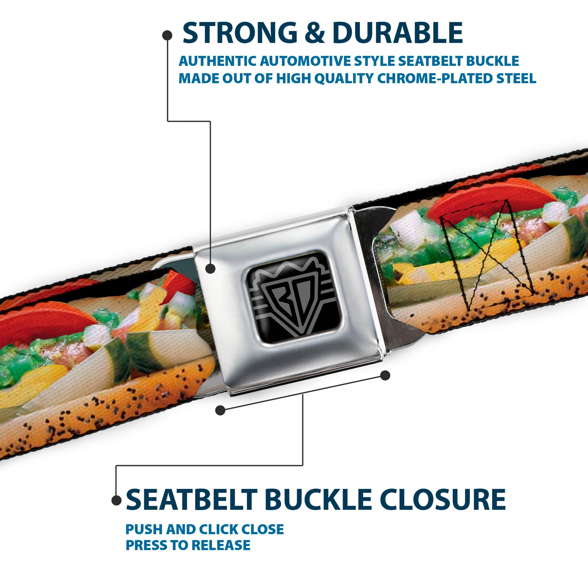 BD Wings Logo CLOSE-UP Full Color Black Silver Seatbelt Belt - Chicago Style Hot Dog Vivid Webbing Seatbelt Belts Buckle-Down