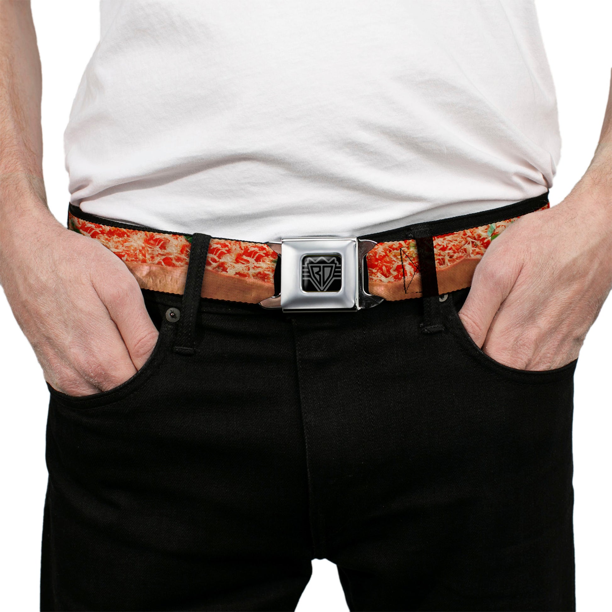 BD Wings Logo CLOSE-UP Full Color Black Silver Seatbelt Belt - Chicago Style Pizza Vivid Webbing Seatbelt Belts Buckle-Down