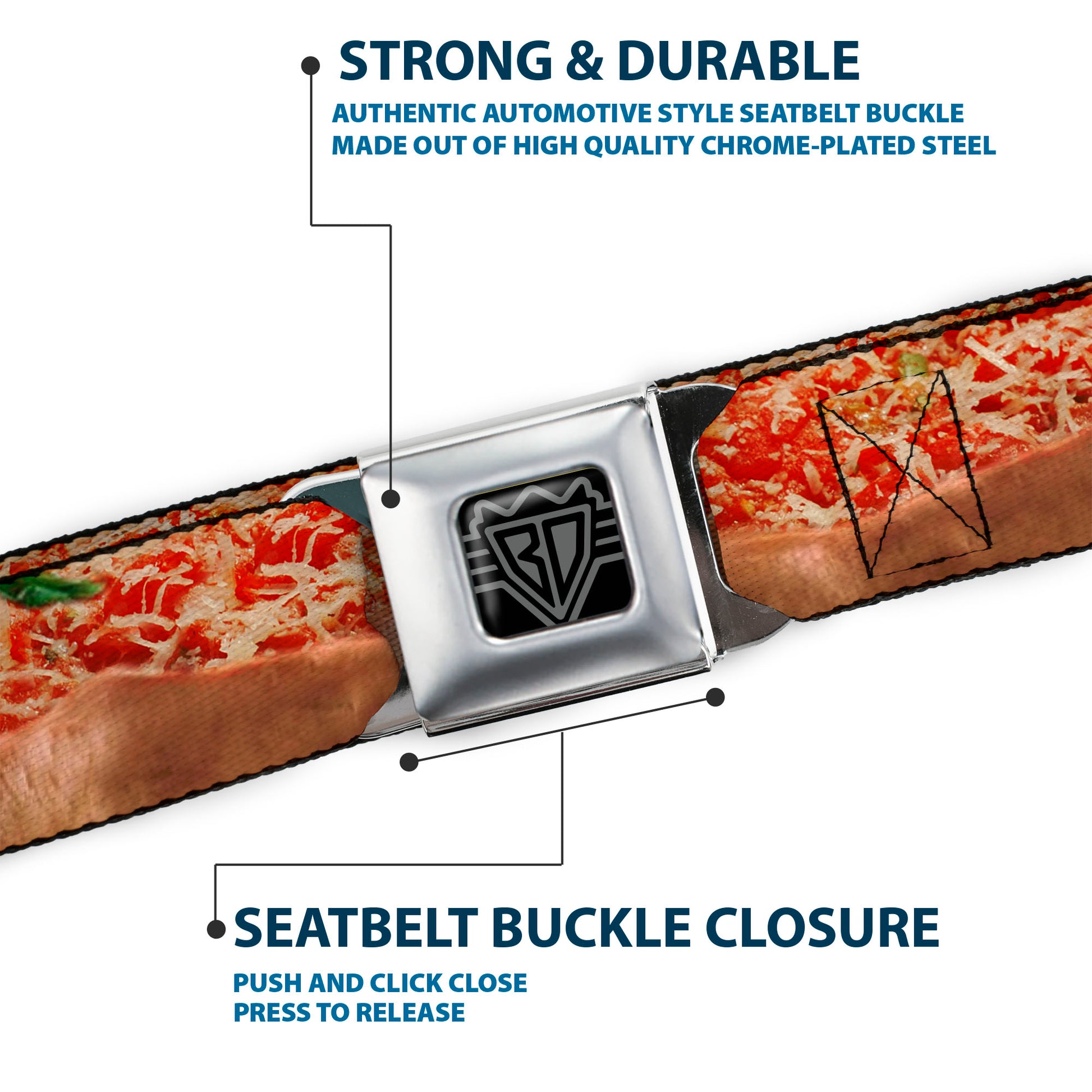BD Wings Logo CLOSE-UP Full Color Black Silver Seatbelt Belt - Chicago Style Pizza Vivid Webbing Seatbelt Belts Buckle-Down