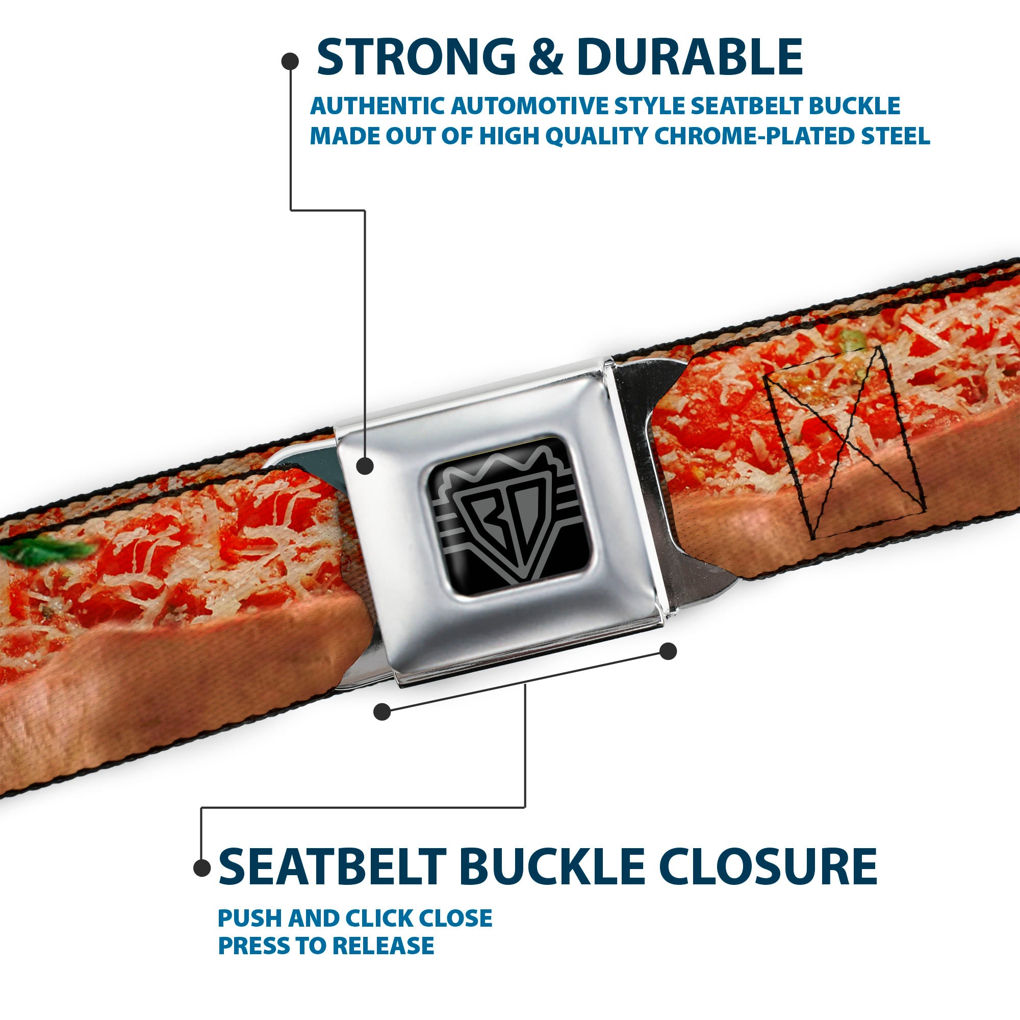 BD Wings Logo CLOSE-UP Full Color Black Silver Seatbelt Belt - Chicago Style Pizza Vivid Webbing Seatbelt Belts Buckle-Down