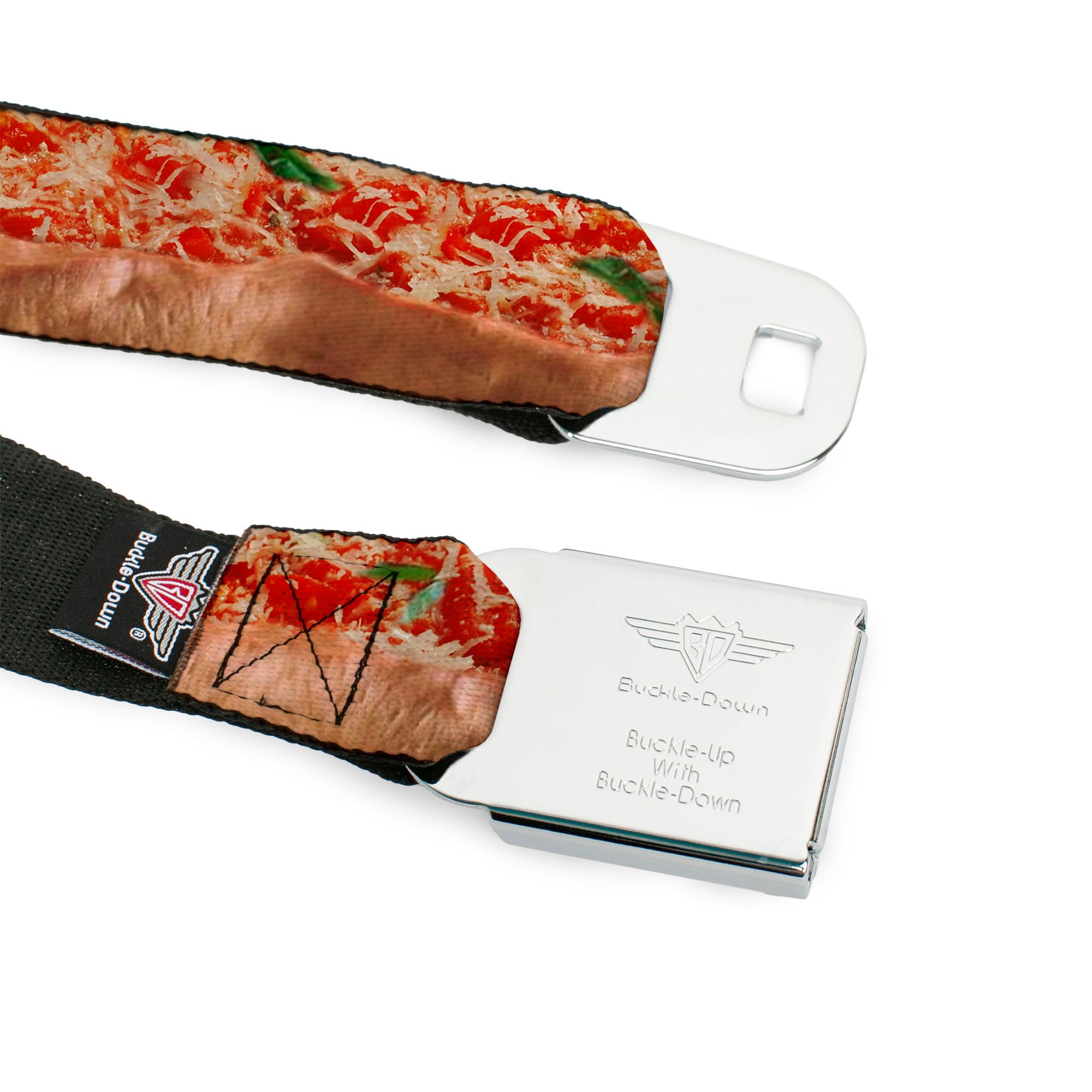 BD Wings Logo CLOSE-UP Full Color Black Silver Seatbelt Belt - Chicago Style Pizza Vivid Webbing Seatbelt Belts Buckle-Down