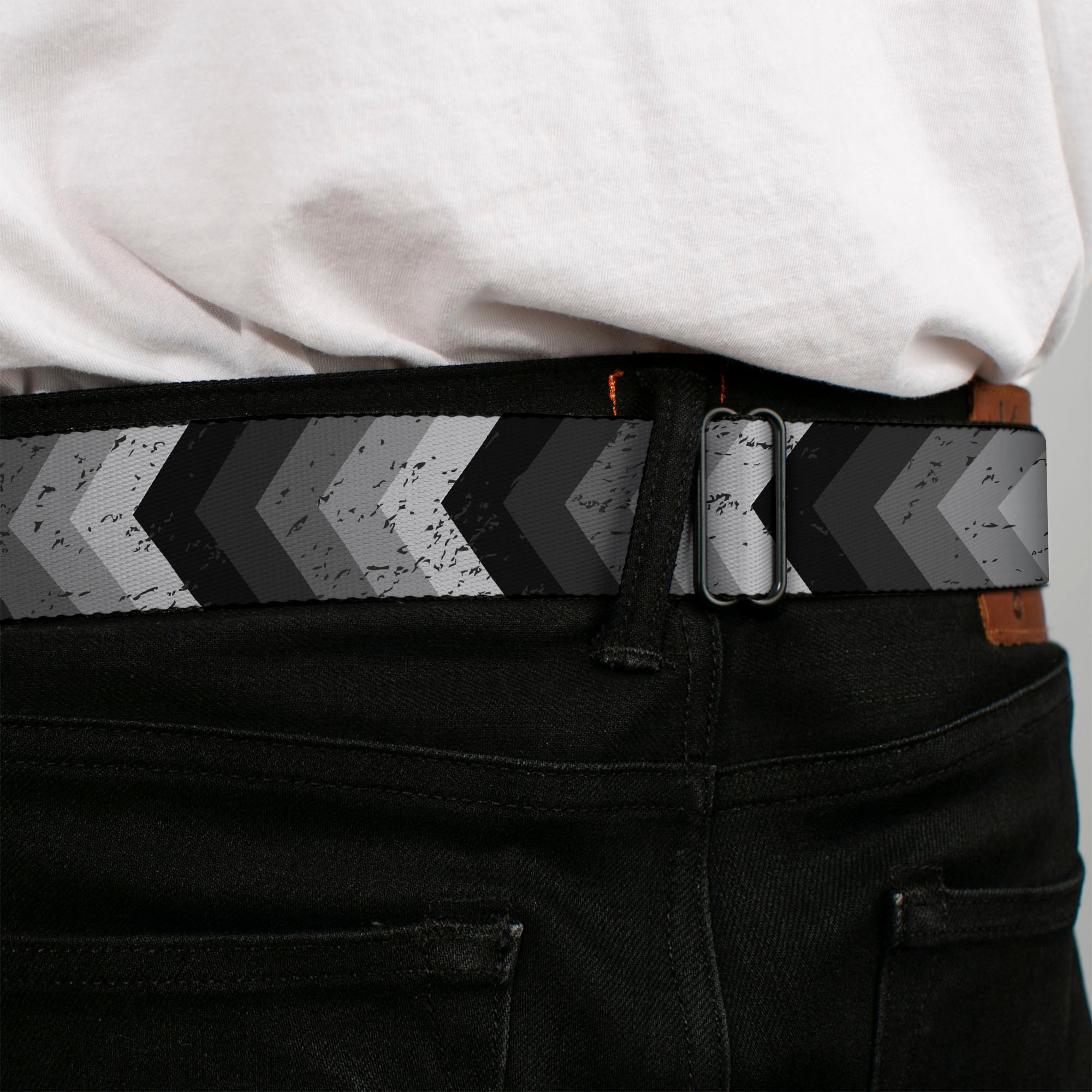 BD Wings Logo CLOSE-UP Full Color Black Silver Seatbelt Belt - Chevron Weathered Black/Grays Webbing Seatbelt Belts Buckle-Down