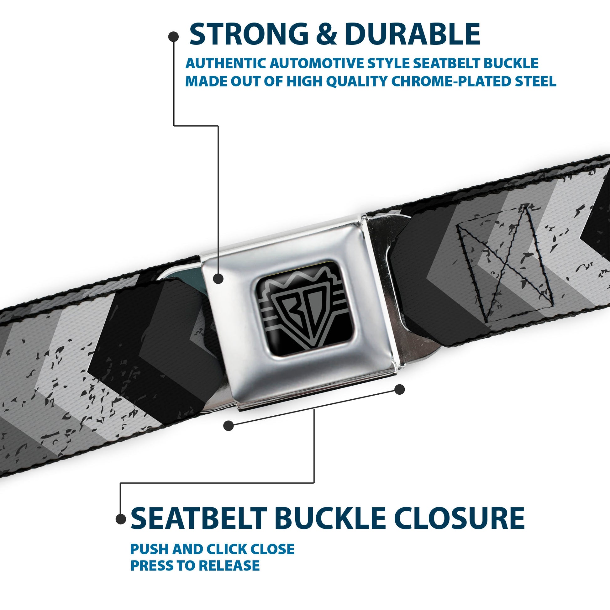 BD Wings Logo CLOSE-UP Full Color Black Silver Seatbelt Belt - Chevron Weathered Black/Grays Webbing Seatbelt Belts Buckle-Down