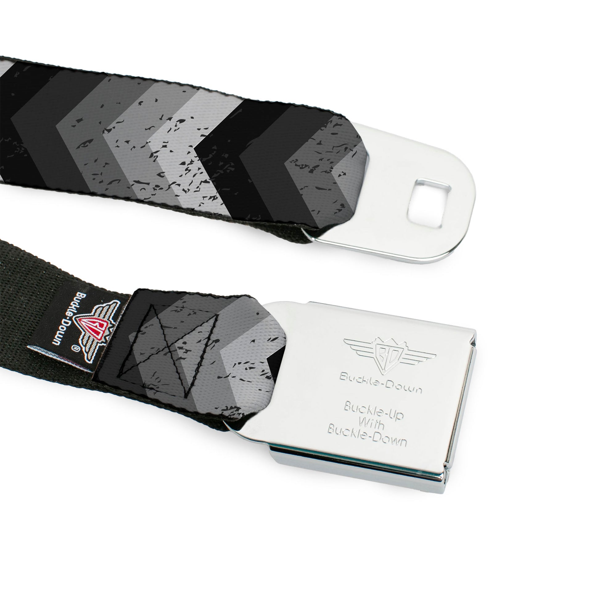 BD Wings Logo CLOSE-UP Full Color Black Silver Seatbelt Belt - Chevron Weathered Black/Grays Webbing Seatbelt Belts Buckle-Down