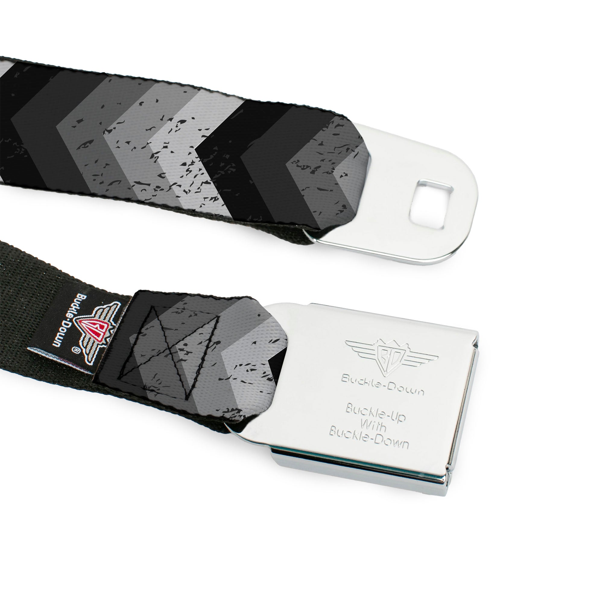 BD Wings Logo CLOSE-UP Full Color Black Silver Seatbelt Belt - Chevron Weathered Black/Grays Webbing Seatbelt Belts Buckle-Down