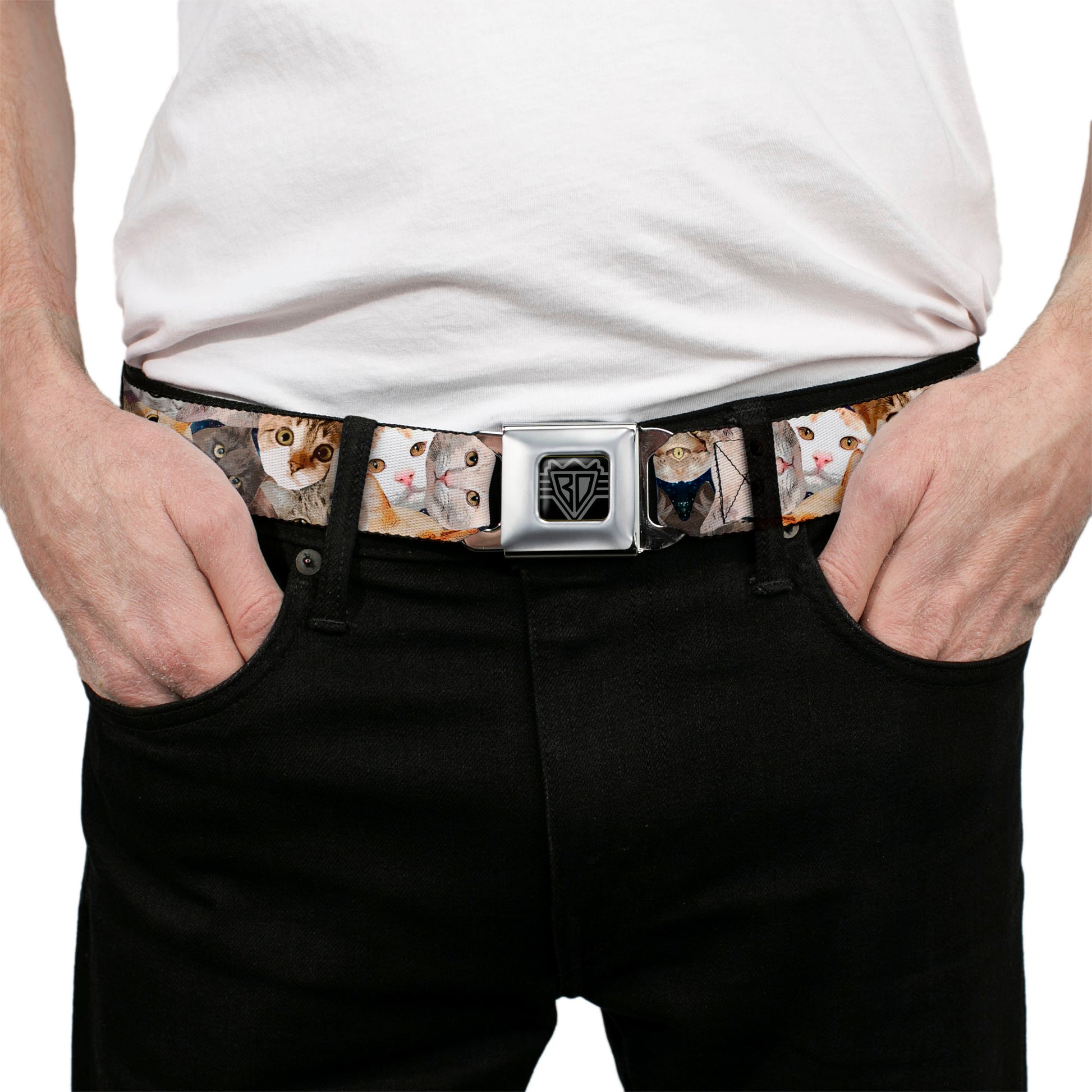 BD Wings Logo CLOSE-UP Black/Silver Seatbelt Belt - Cat Faces Stacked Webbing Seatbelt Belts Buckle-Down