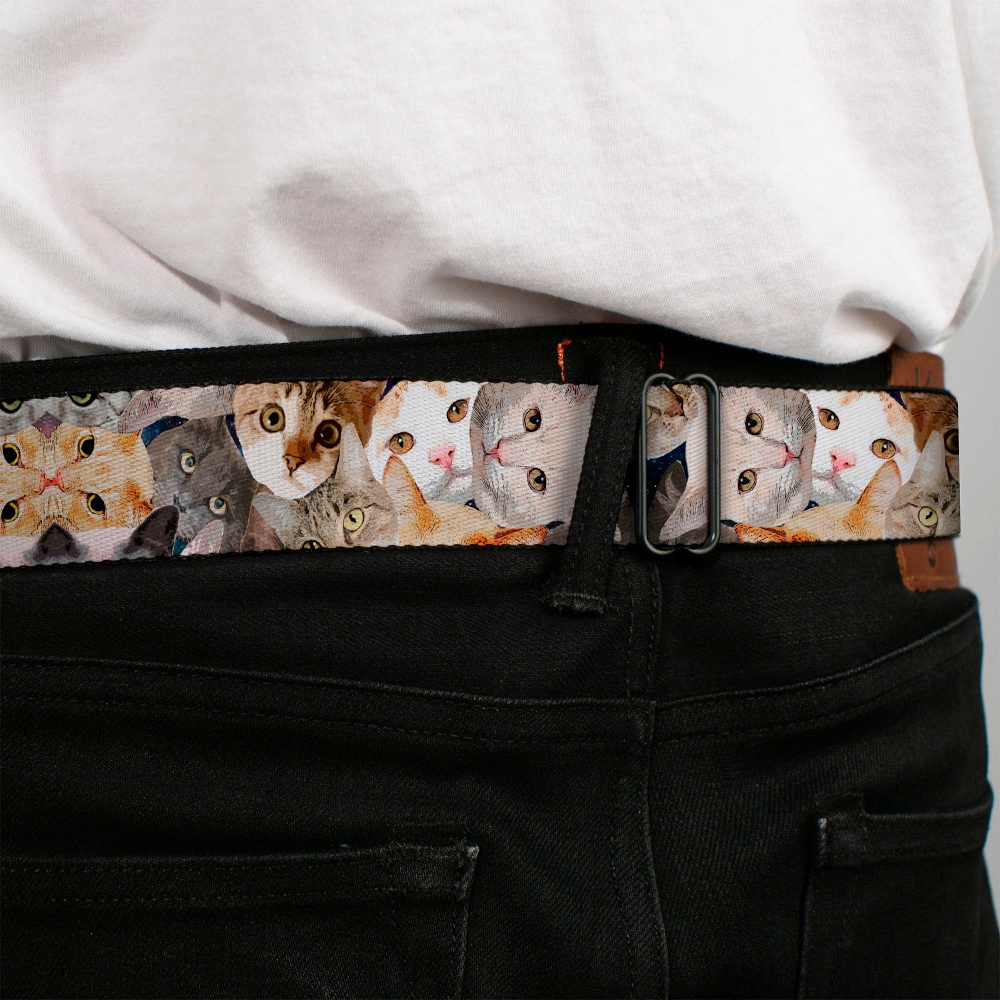 BD Wings Logo CLOSE-UP Black/Silver Seatbelt Belt - Cat Faces Stacked Webbing Seatbelt Belts Buckle-Down