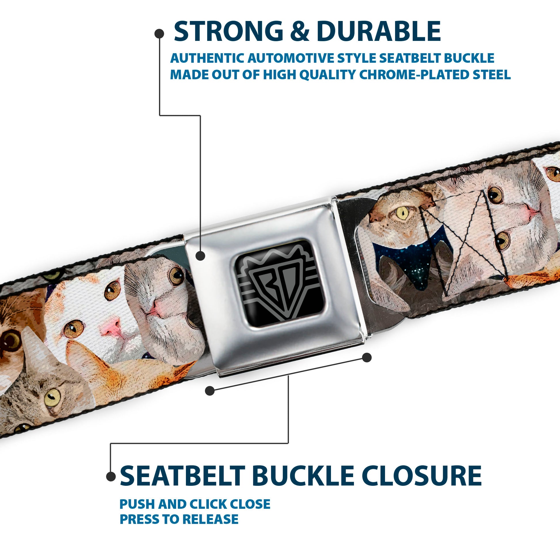BD Wings Logo CLOSE-UP Black/Silver Seatbelt Belt - Cat Faces Stacked Webbing Seatbelt Belts Buckle-Down
