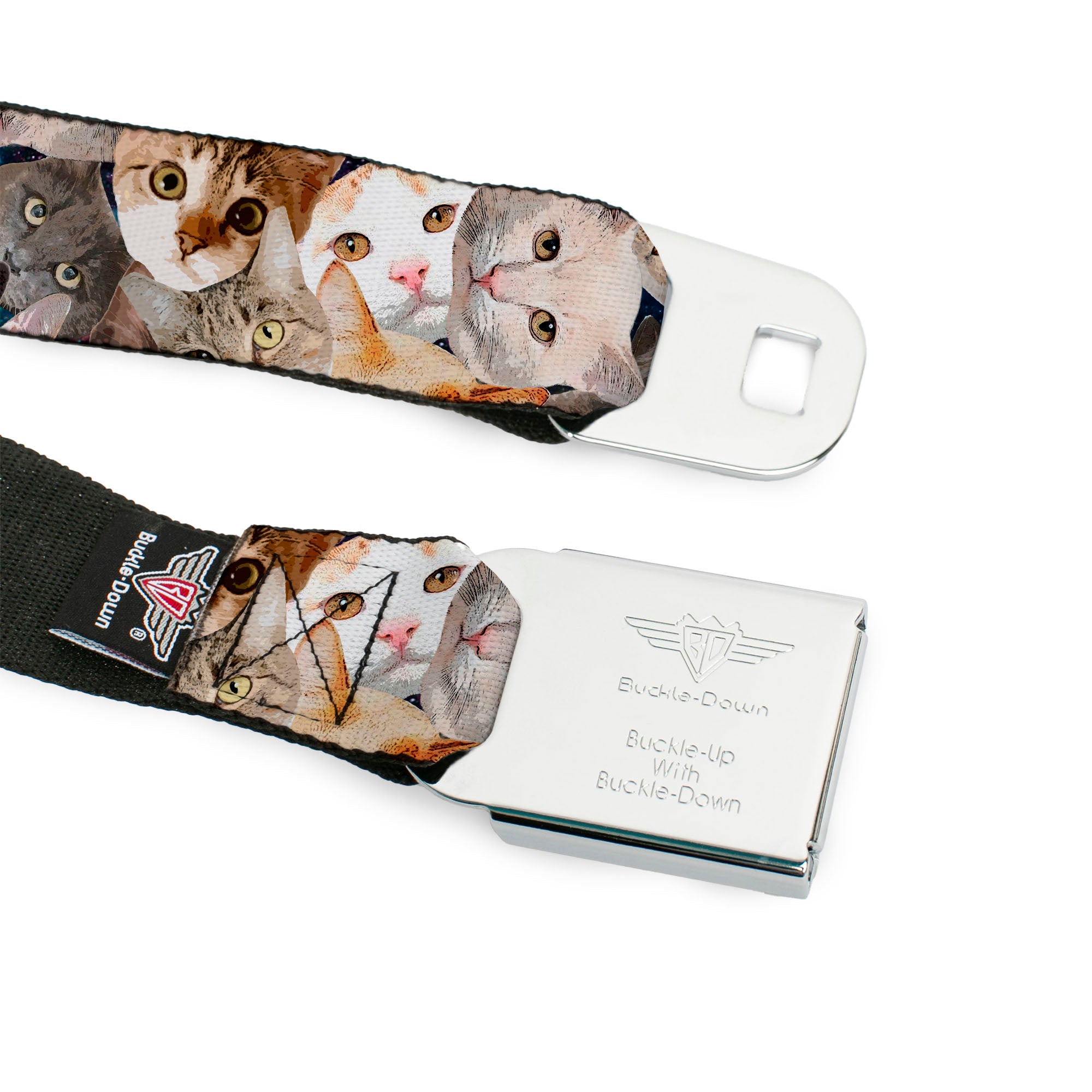 BD Wings Logo CLOSE-UP Black/Silver Seatbelt Belt - Cat Faces Stacked Webbing Seatbelt Belts Buckle-Down