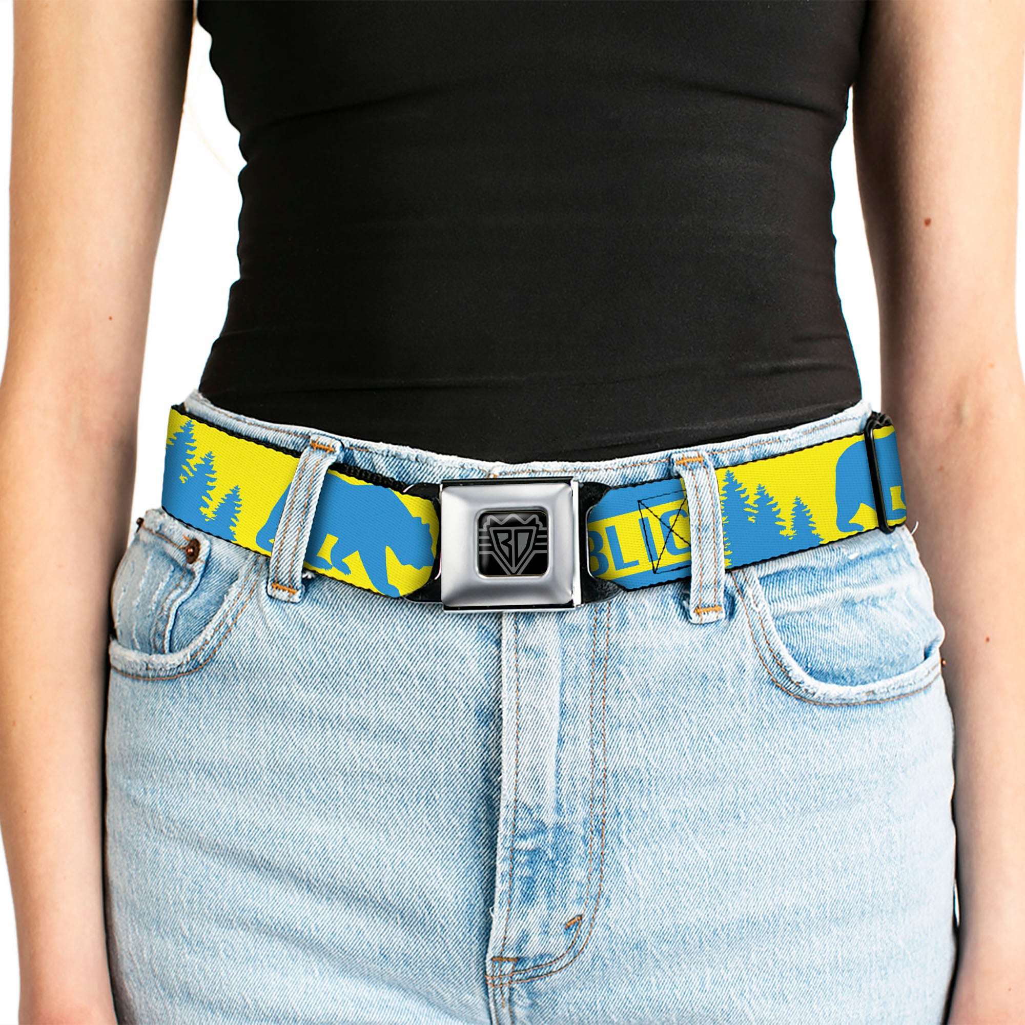 BD Wings Logo CLOSE-UP Full Color Black Silver Seatbelt Belt - CALIFORNIA REPUBLIC/Bear/Stars Silhouette Yellow/Blue Webbing Seatbelt Belts Buckle-Down