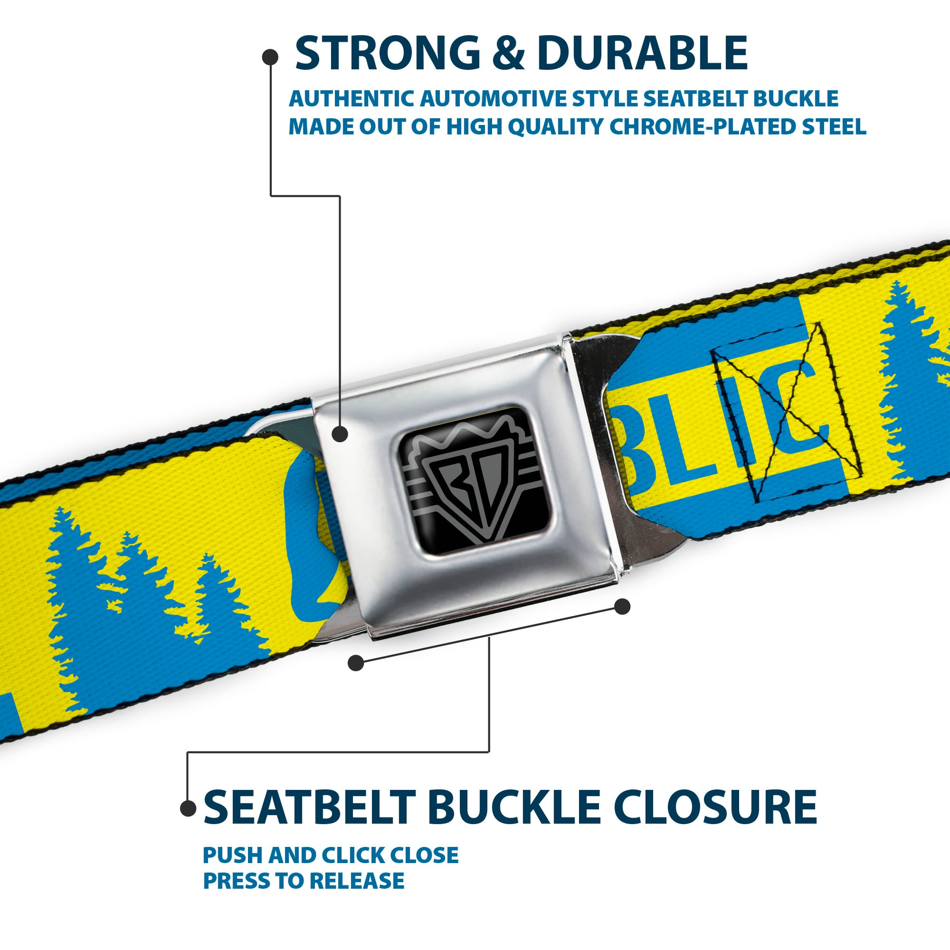 BD Wings Logo CLOSE-UP Full Color Black Silver Seatbelt Belt - CALIFORNIA REPUBLIC/Bear/Stars Silhouette Yellow/Blue Webbing Seatbelt Belts Buckle-Down