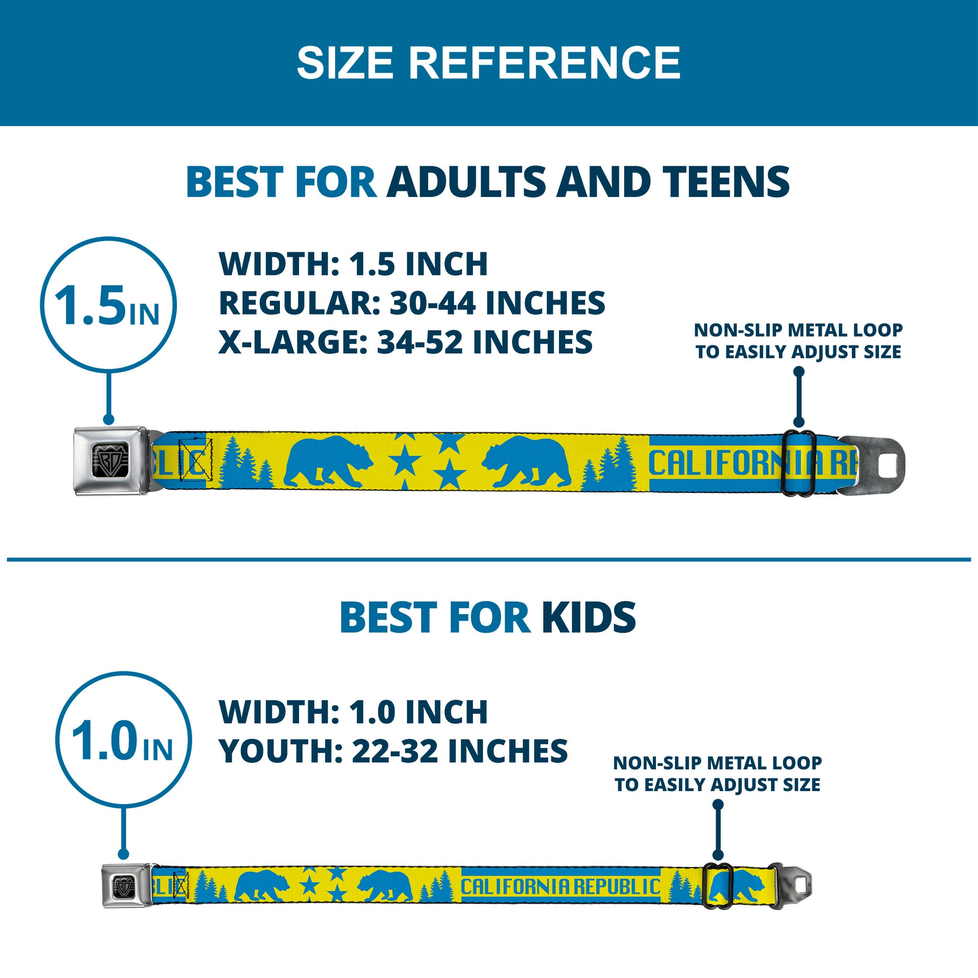 BD Wings Logo CLOSE-UP Full Color Black Silver Seatbelt Belt - CALIFORNIA REPUBLIC/Bear/Stars Silhouette Yellow/Blue Webbing Seatbelt Belts Buckle-Down