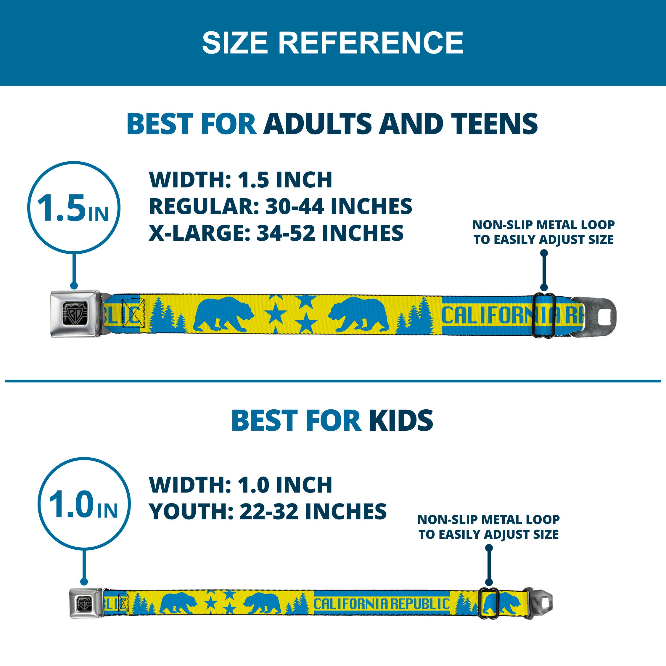 BD Wings Logo CLOSE-UP Full Color Black Silver Seatbelt Belt - CALIFORNIA REPUBLIC/Bear/Stars Silhouette Yellow/Blue Webbing Seatbelt Belts Buckle-Down