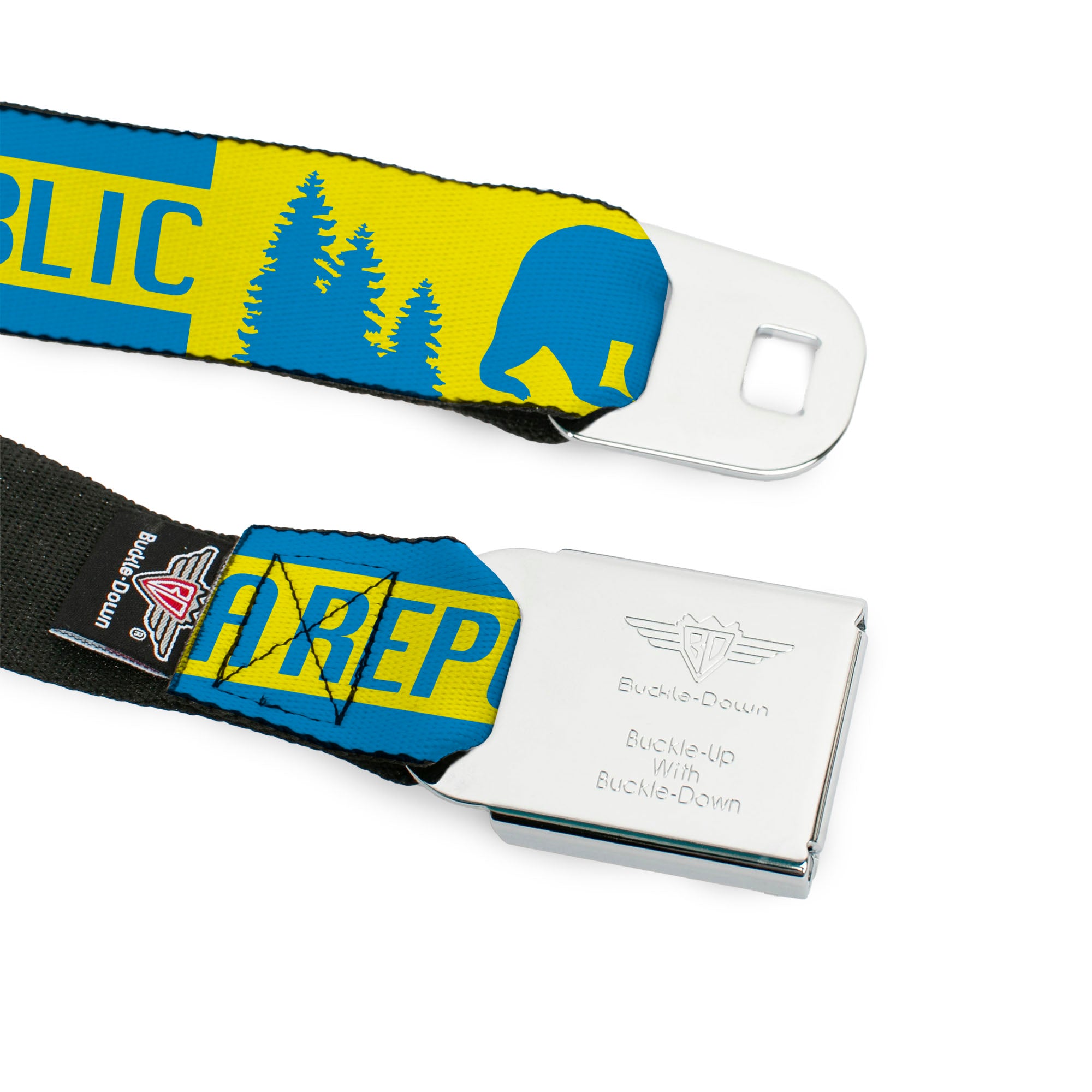 BD Wings Logo CLOSE-UP Full Color Black Silver Seatbelt Belt - CALIFORNIA REPUBLIC/Bear/Stars Silhouette Yellow/Blue Webbing Seatbelt Belts Buckle-Down