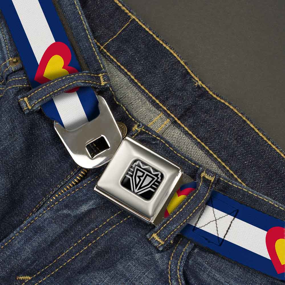BD Wings Logo CLOSE-UP Full Color Black Silver Seatbelt Belt - Colorado Heart Blue/White/Red/Yellow Webbing Seatbelt Belts Buckle-Down