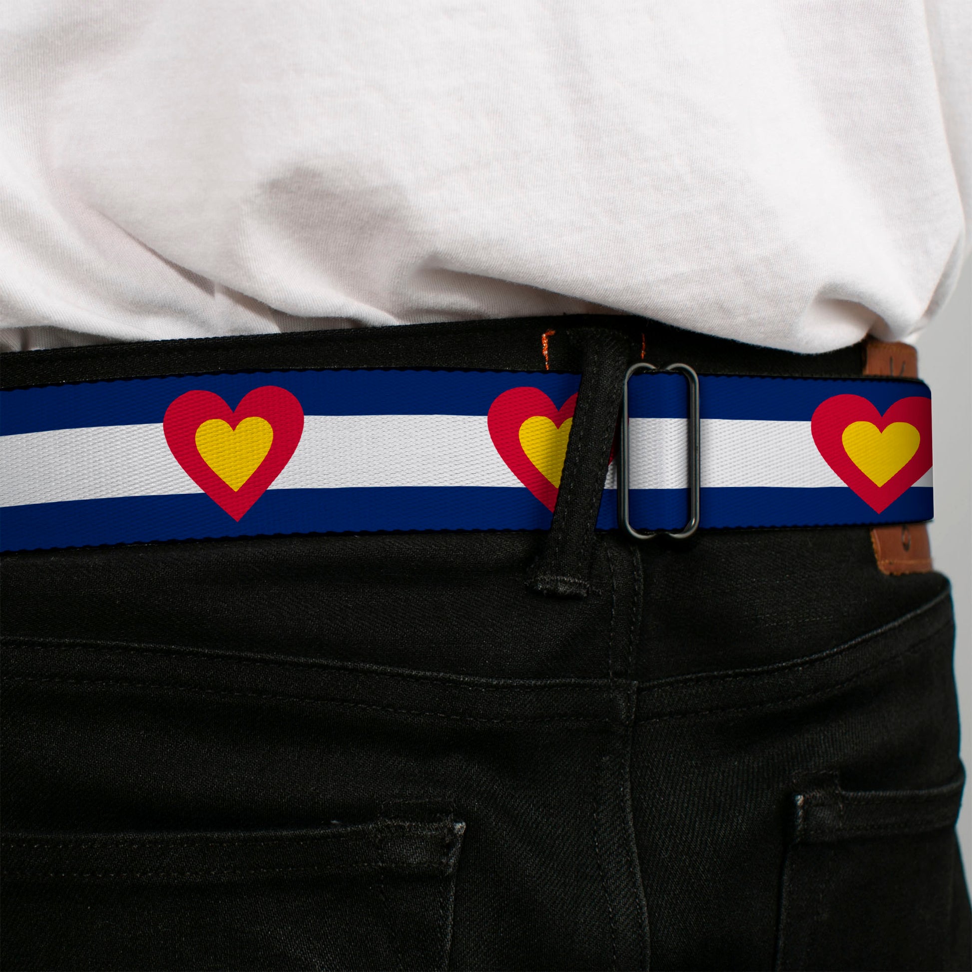 BD Wings Logo CLOSE-UP Full Color Black Silver Seatbelt Belt - Colorado Heart Blue/White/Red/Yellow Webbing Seatbelt Belts Buckle-Down