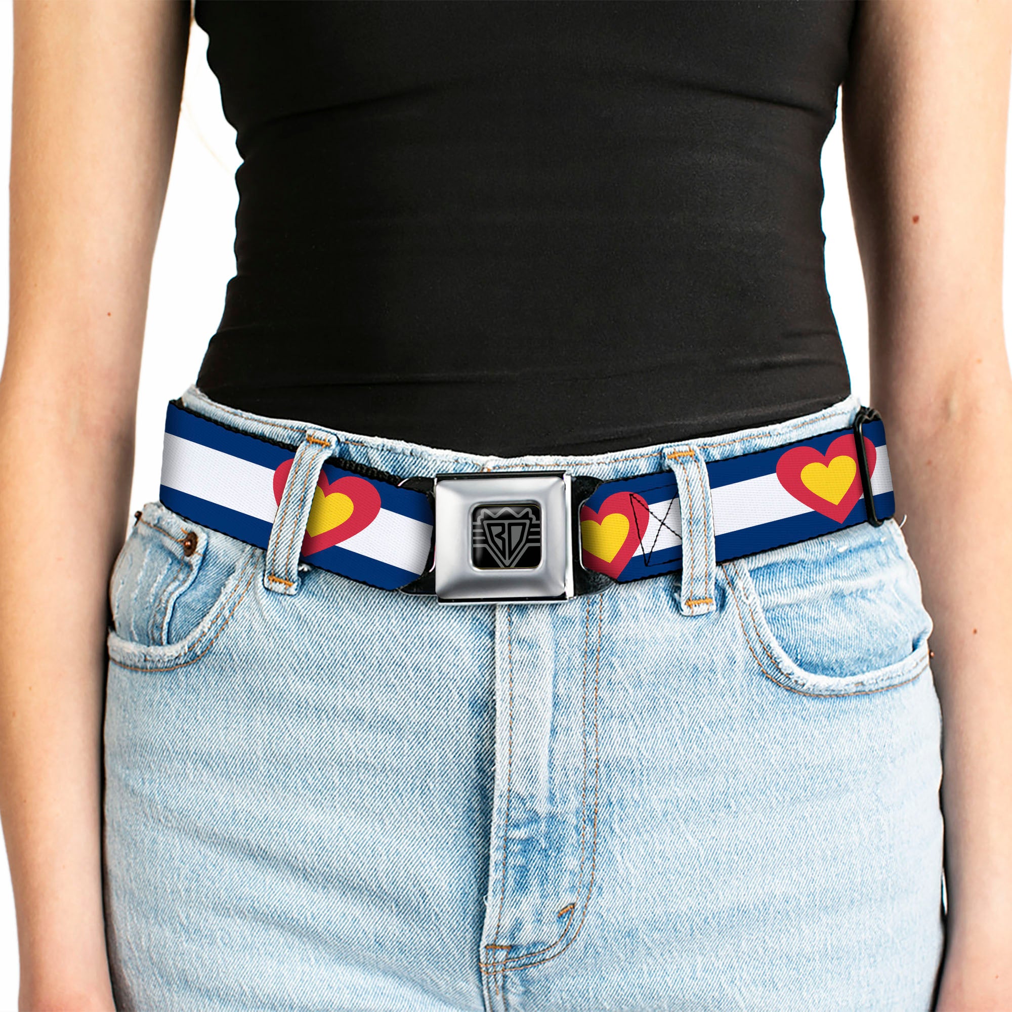 BD Wings Logo CLOSE-UP Full Color Black Silver Seatbelt Belt - Colorado Heart Blue/White/Red/Yellow Webbing Seatbelt Belts Buckle-Down