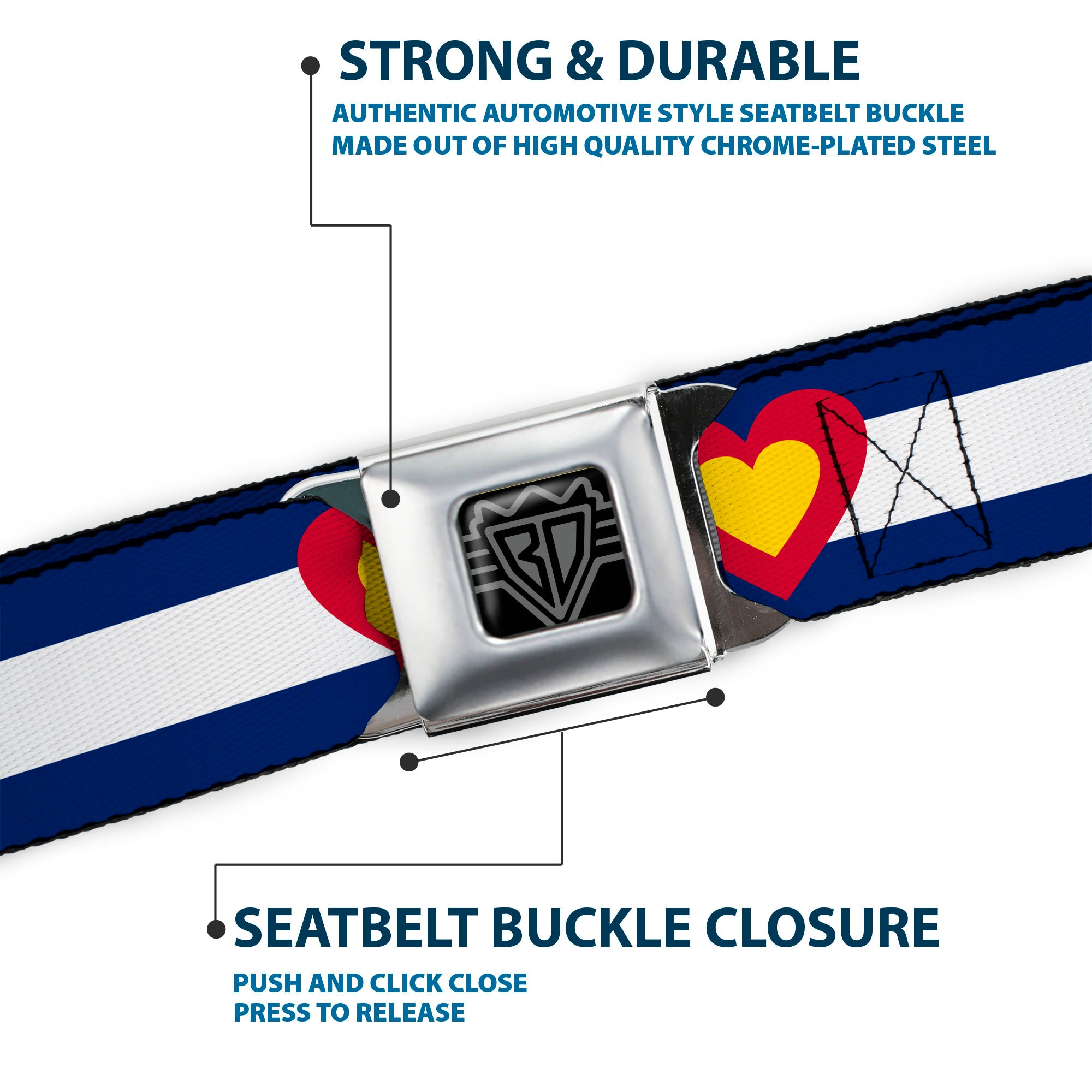 BD Wings Logo CLOSE-UP Full Color Black Silver Seatbelt Belt - Colorado Heart Blue/White/Red/Yellow Webbing Seatbelt Belts Buckle-Down