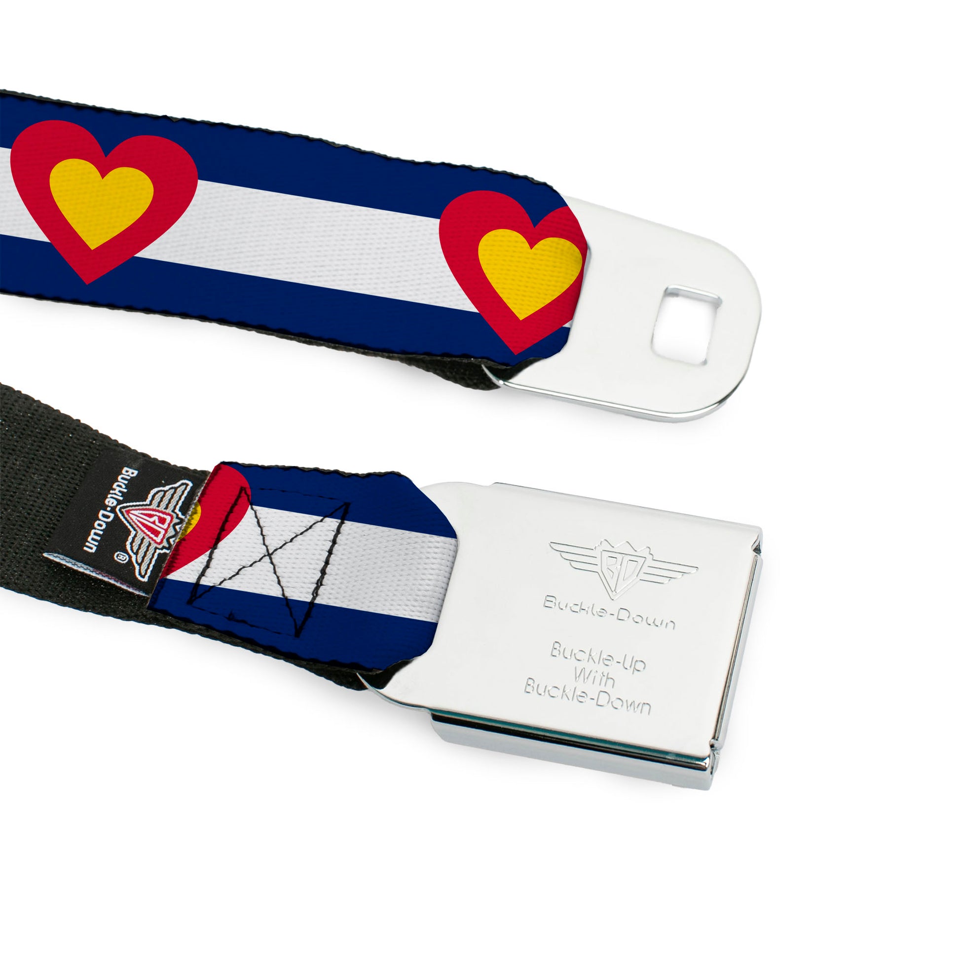 BD Wings Logo CLOSE-UP Full Color Black Silver Seatbelt Belt - Colorado Heart Blue/White/Red/Yellow Webbing Seatbelt Belts Buckle-Down