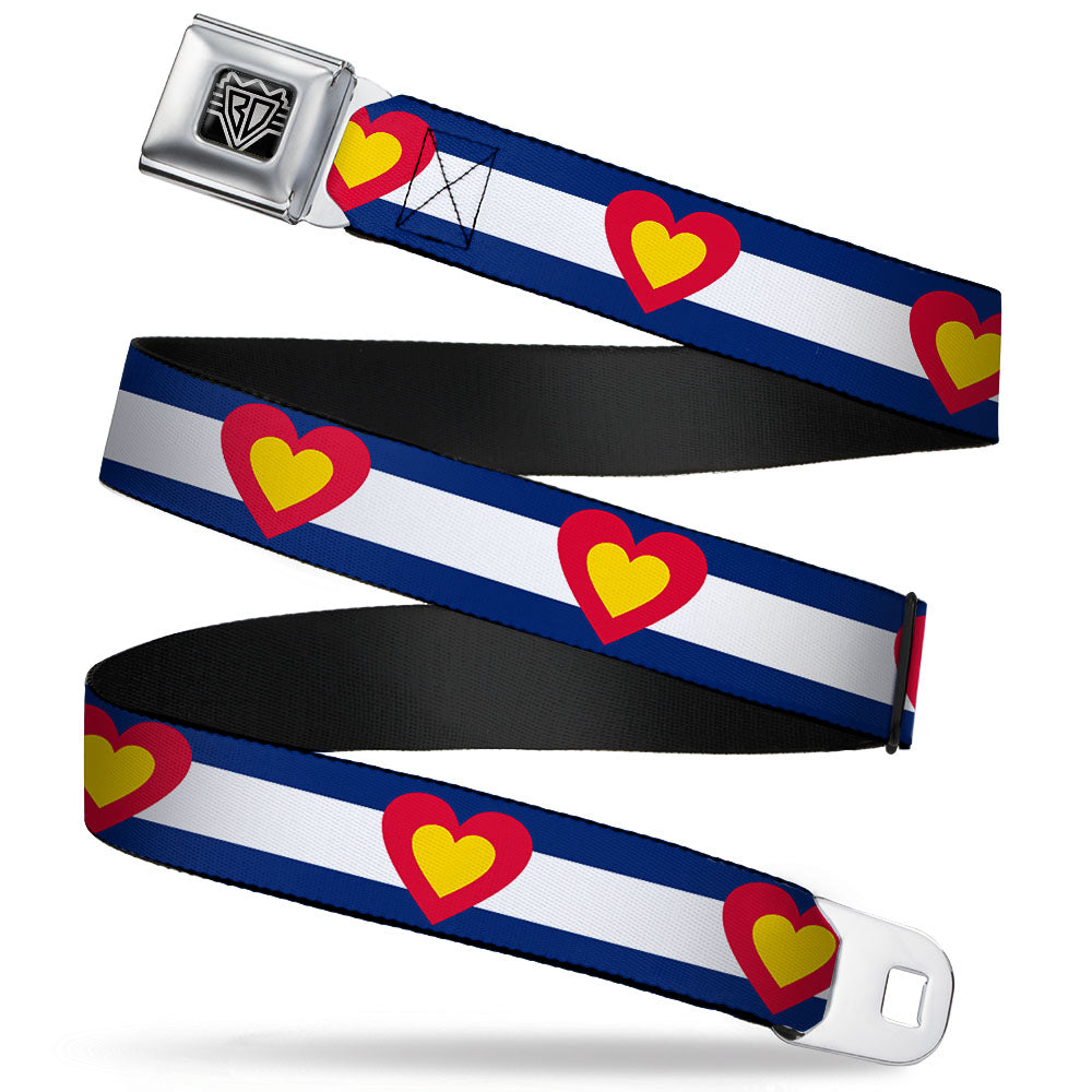 BD Wings Logo CLOSE-UP Full Color Black Silver Seatbelt Belt - Colorado Heart Blue/White/Red/Yellow Webbing Seatbelt Belts Buckle-Down