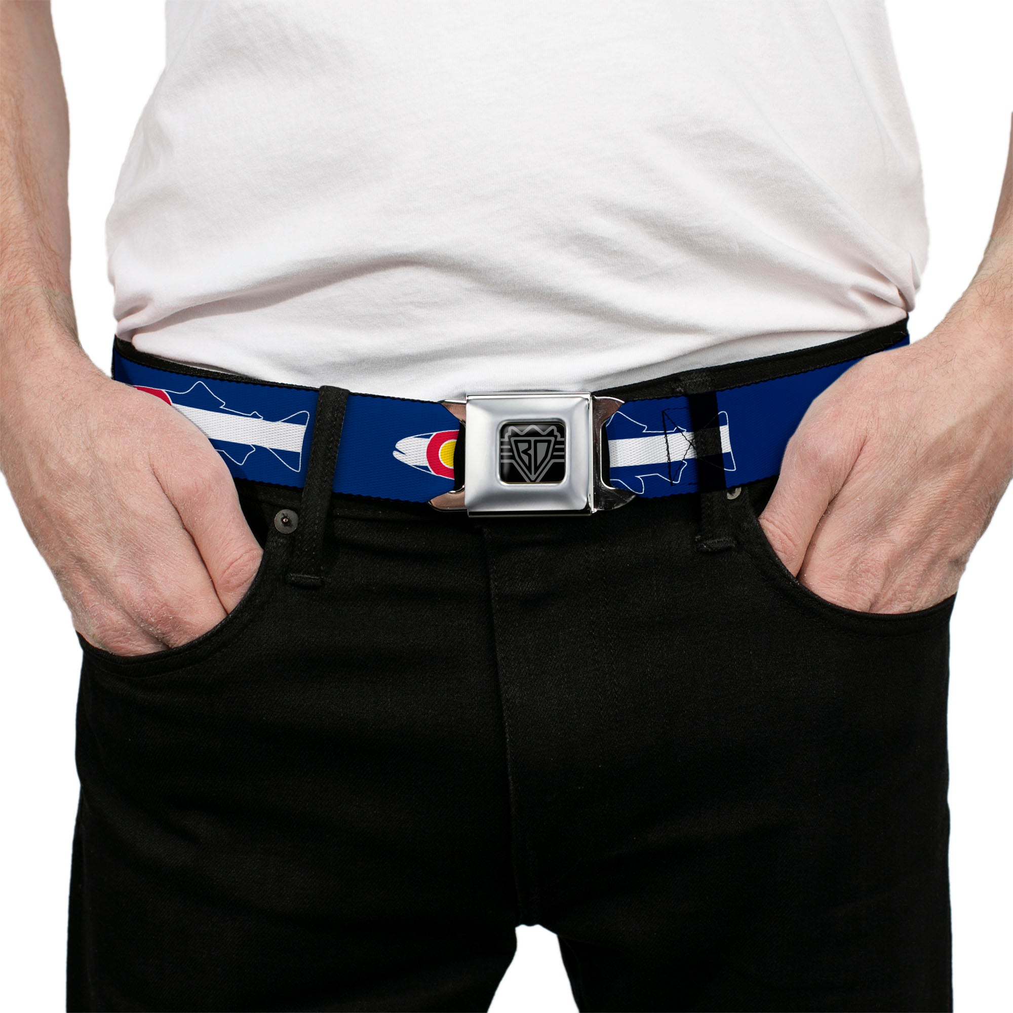 BD Wings Logo CLOSE-UP Black/Silver Seatbelt Belt - Colorado Trout Flag/Snowy Mountains Blues/White/Red/Yellow Webbing Seatbelt Belts Buckle-Down