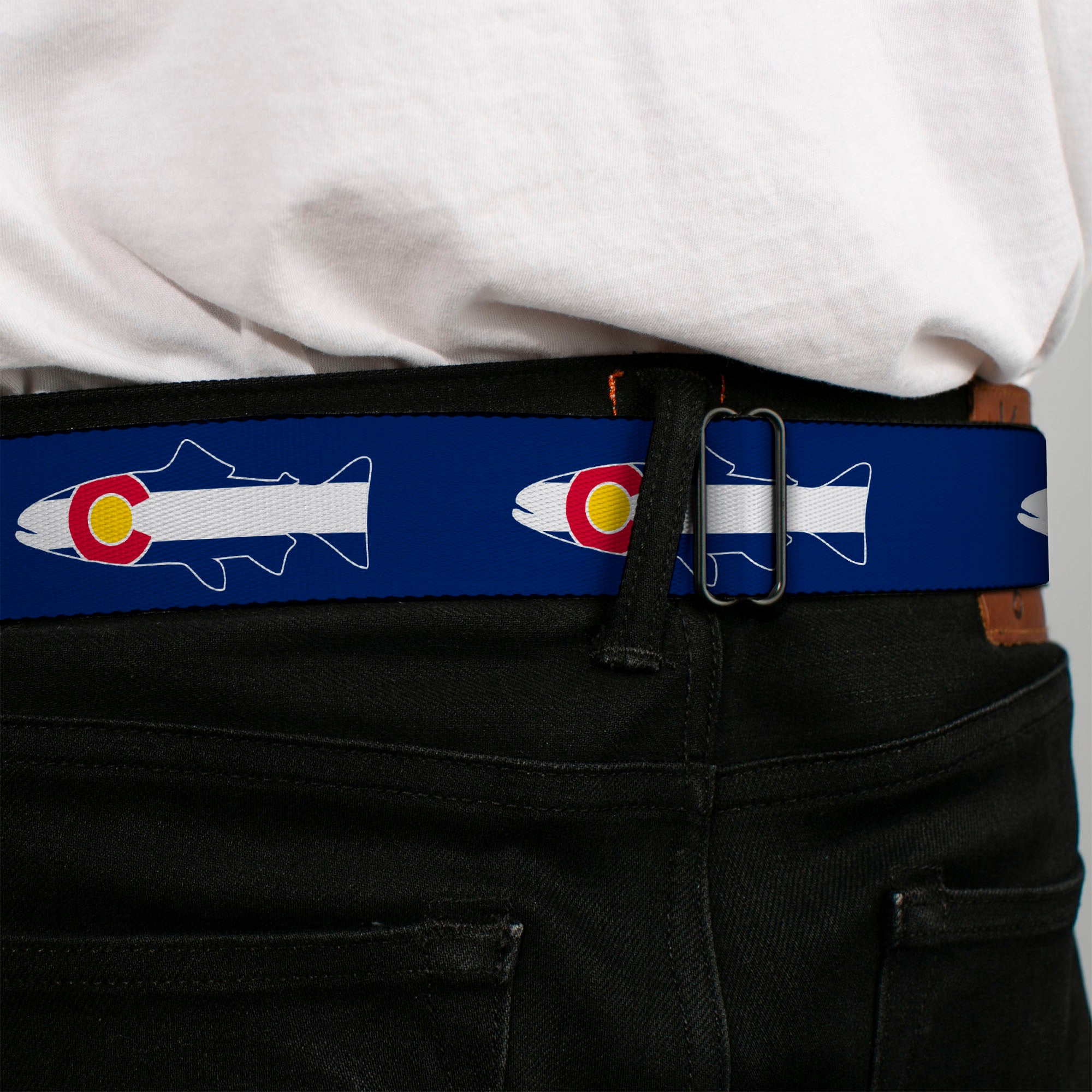 BD Wings Logo CLOSE-UP Black/Silver Seatbelt Belt - Colorado Trout Flag/Snowy Mountains Blues/White/Red/Yellow Webbing Seatbelt Belts Buckle-Down