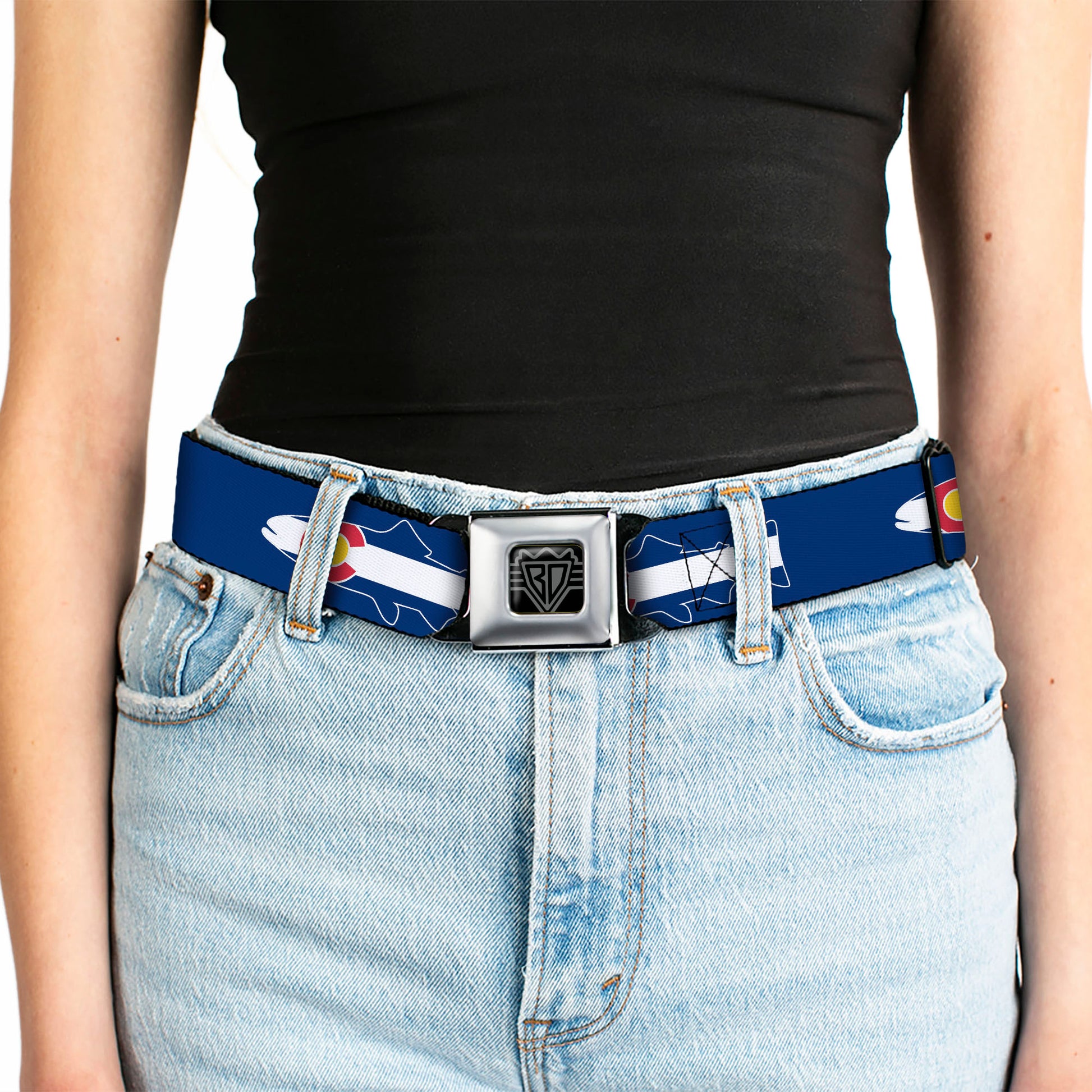 BD Wings Logo CLOSE-UP Black/Silver Seatbelt Belt - Colorado Trout Flag/Snowy Mountains Blues/White/Red/Yellow Webbing Seatbelt Belts Buckle-Down
