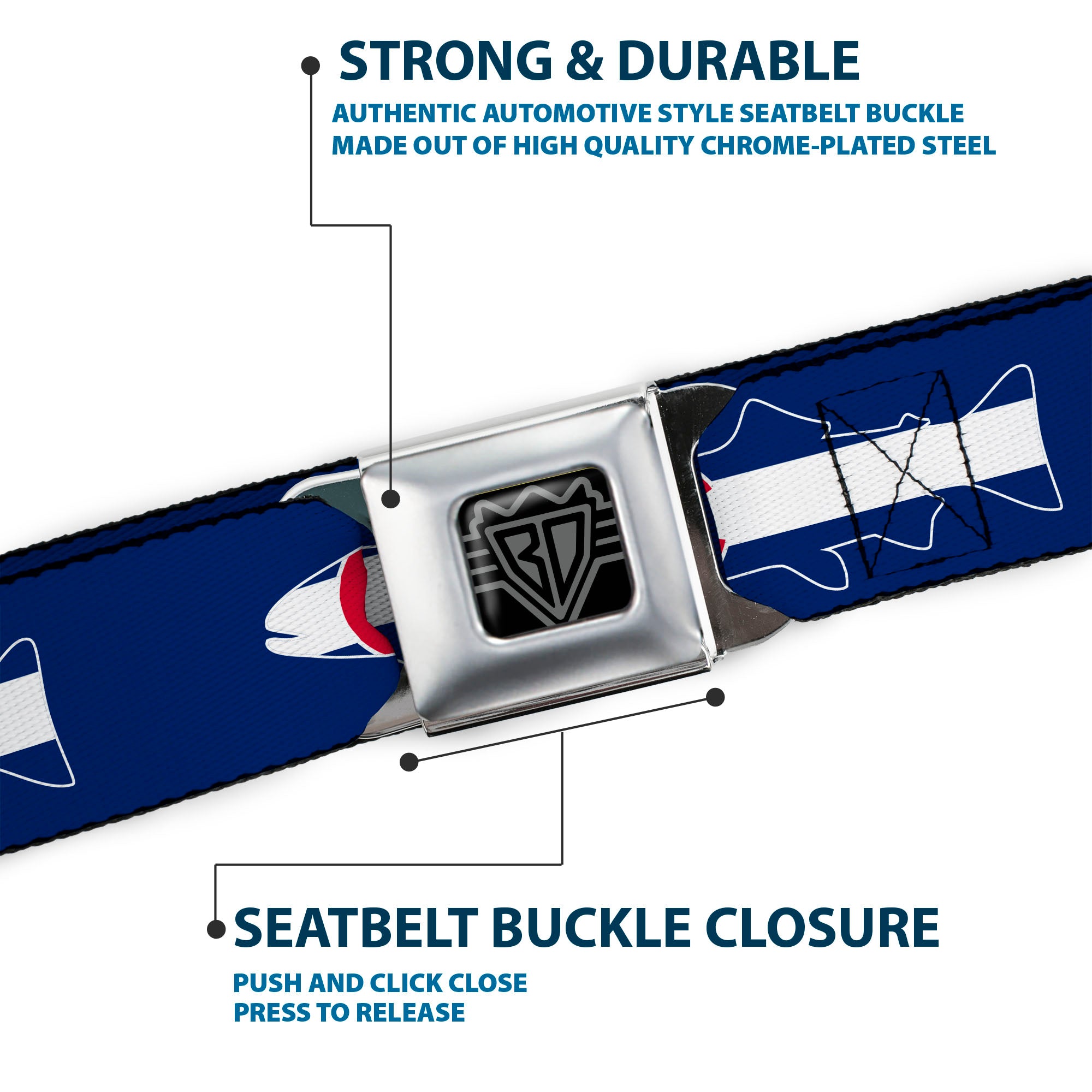 BD Wings Logo CLOSE-UP Black/Silver Seatbelt Belt - Colorado Trout Flag/Snowy Mountains Blues/White/Red/Yellow Webbing Seatbelt Belts Buckle-Down