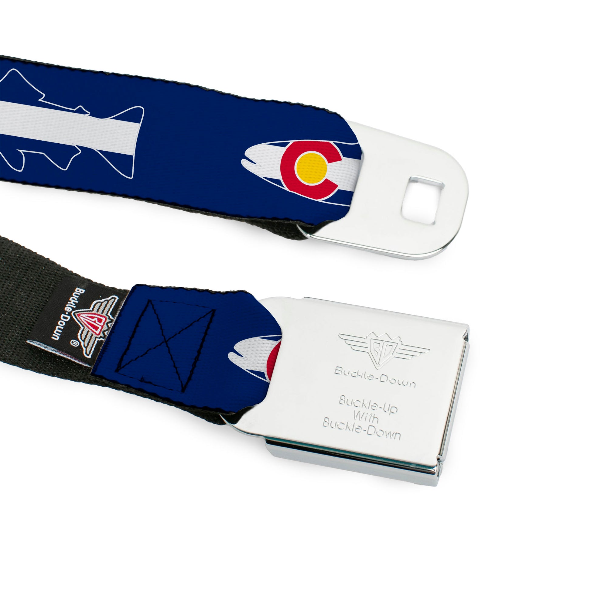 BD Wings Logo CLOSE-UP Black/Silver Seatbelt Belt - Colorado Trout Flag/Snowy Mountains Blues/White/Red/Yellow Webbing Seatbelt Belts Buckle-Down
