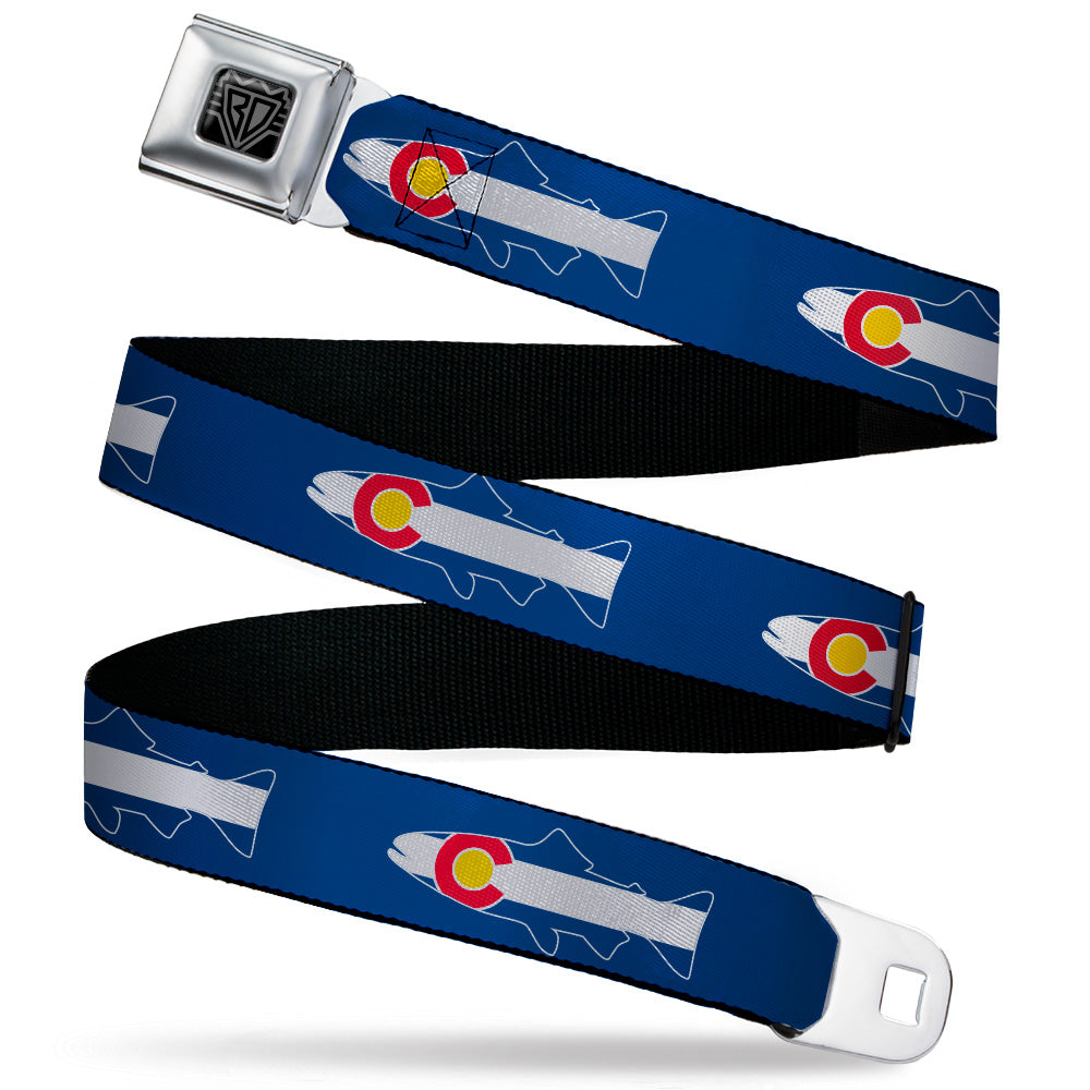 BD Wings Logo CLOSE-UP Black/Silver Seatbelt Belt - Colorado Trout Flag/Snowy Mountains Blues/White/Red/Yellow Webbing Seatbelt Belts Buckle-Down