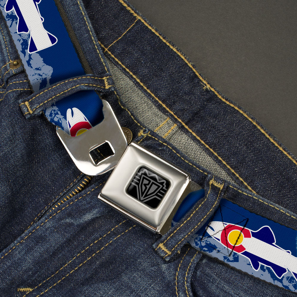 BD Wings Logo CLOSE-UP Black/Silver Seatbelt Belt - Colorado Trout Flag Blue/White/Red/Yellow Webbing Seatbelt Belts Buckle-Down