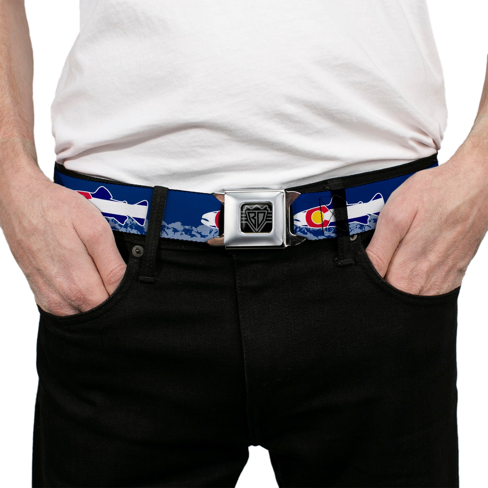 BD Wings Logo CLOSE-UP Black/Silver Seatbelt Belt - Colorado Trout Flag Blue/White/Red/Yellow Webbing Seatbelt Belts Buckle-Down