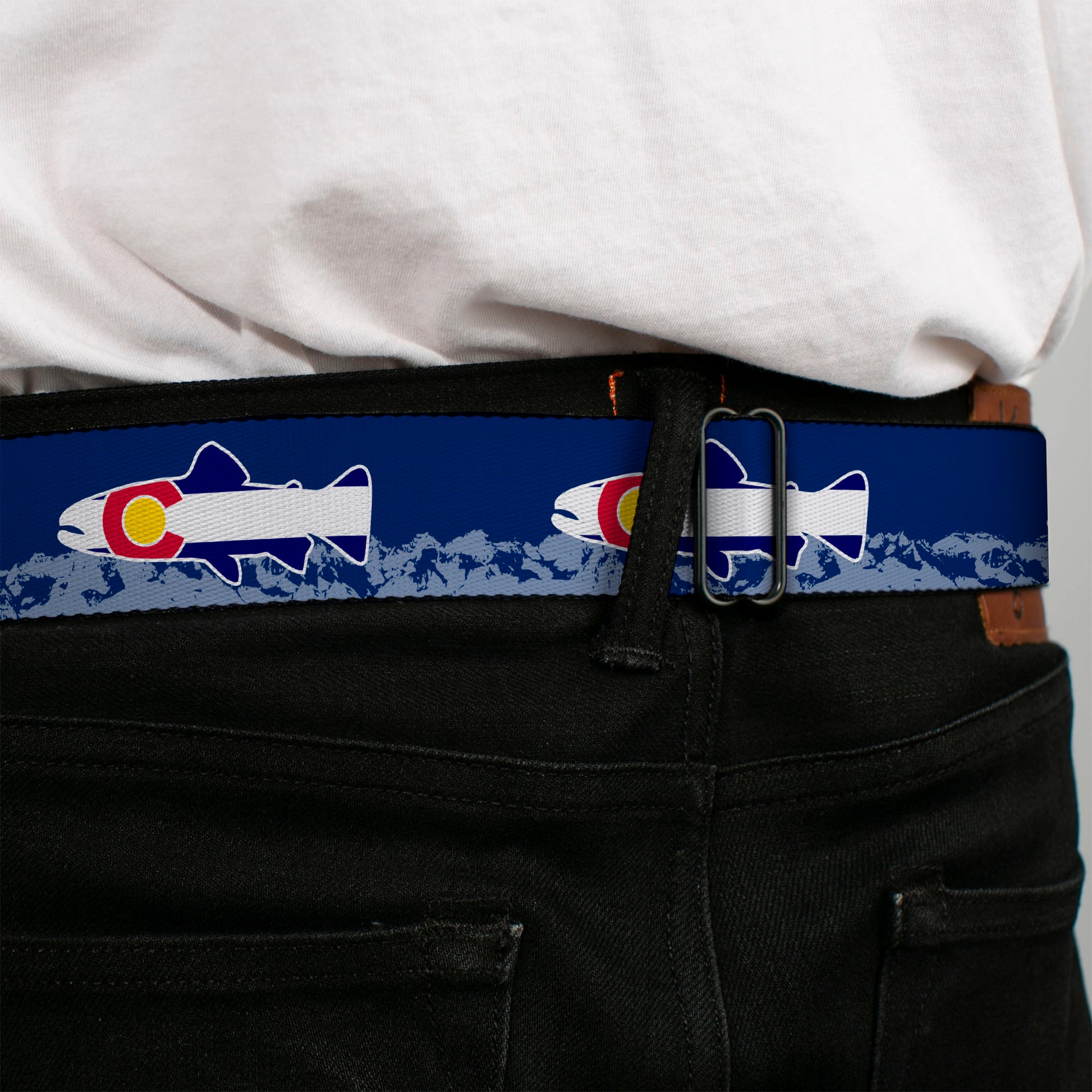 BD Wings Logo CLOSE-UP Black/Silver Seatbelt Belt - Colorado Trout Flag Blue/White/Red/Yellow Webbing Seatbelt Belts Buckle-Down