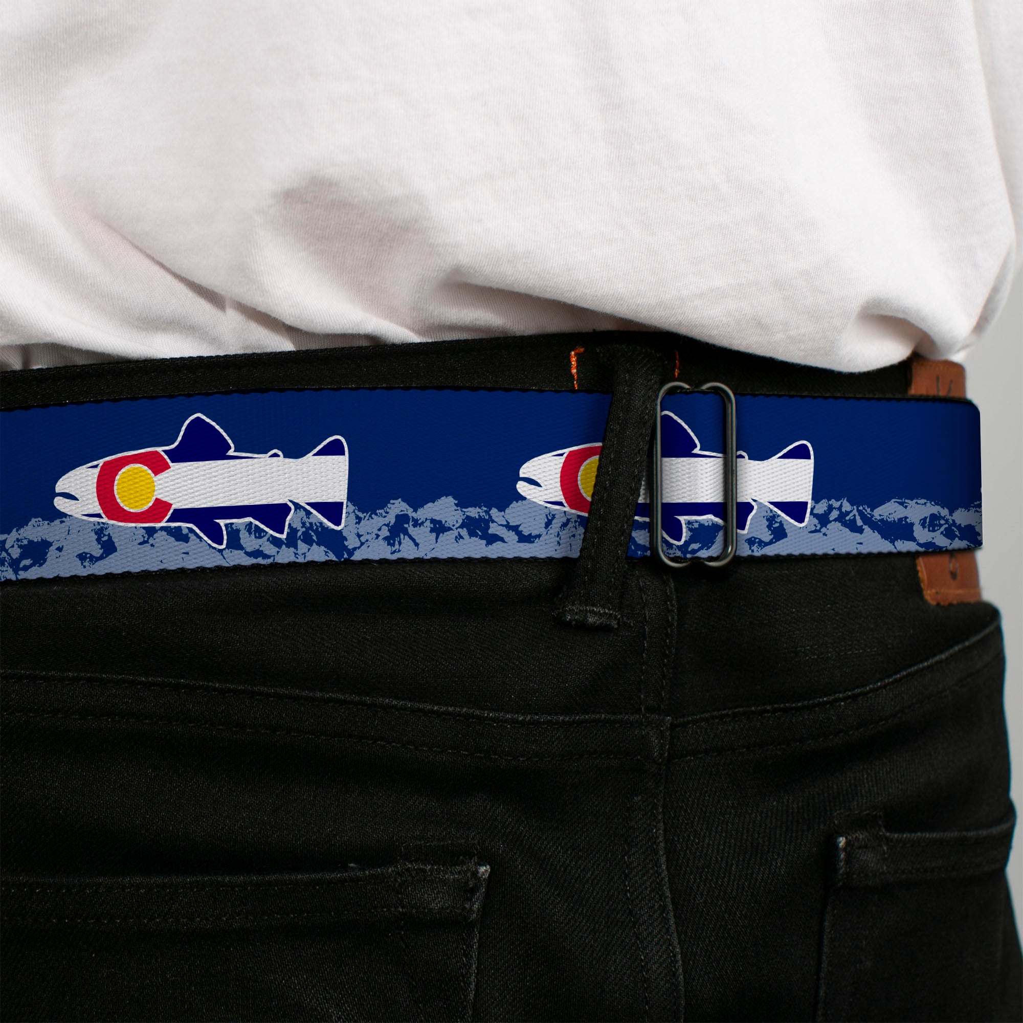 BD Wings Logo CLOSE-UP Black/Silver Seatbelt Belt - Colorado Trout Flag Blue/White/Red/Yellow Webbing Seatbelt Belts Buckle-Down