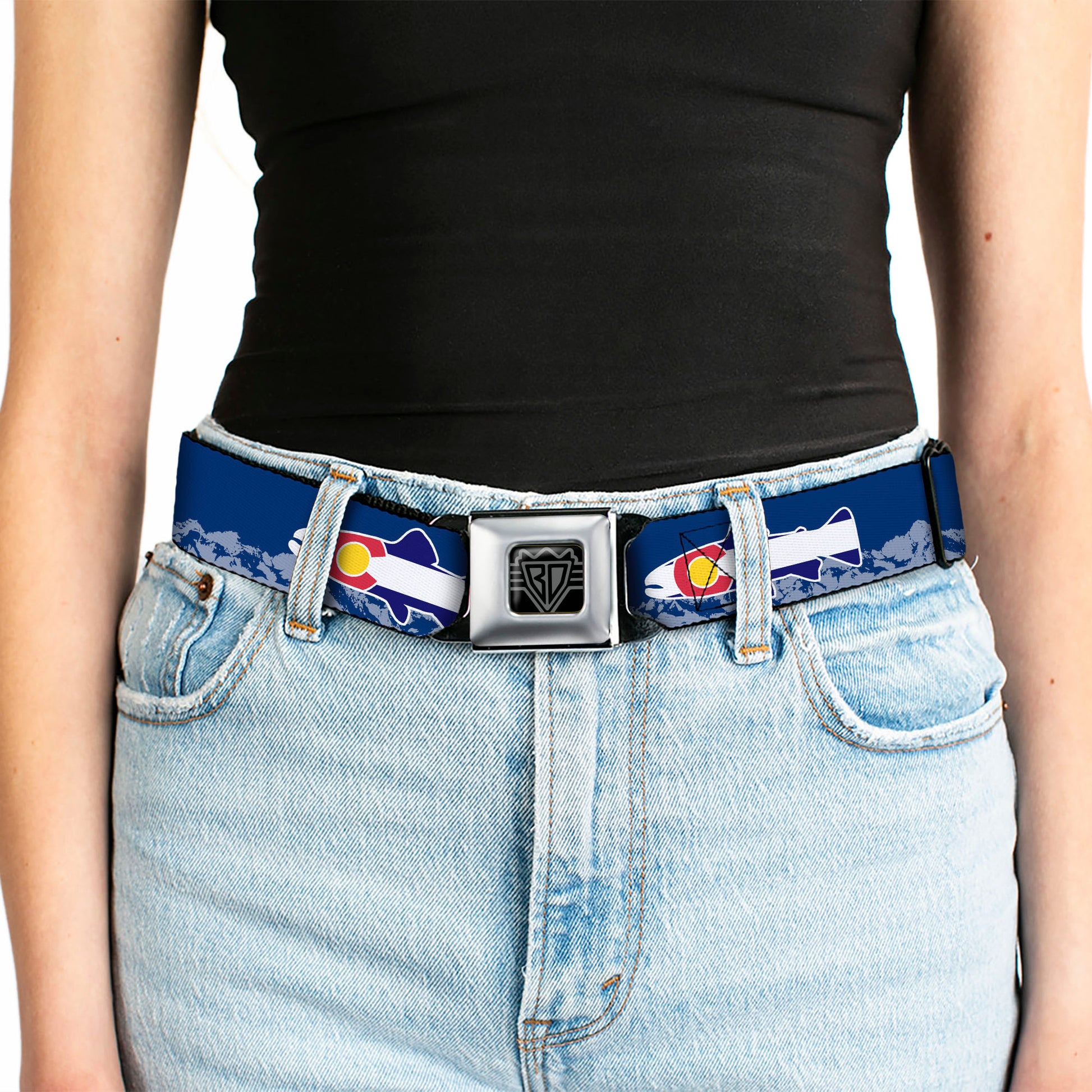 BD Wings Logo CLOSE-UP Black/Silver Seatbelt Belt - Colorado Trout Flag Blue/White/Red/Yellow Webbing Seatbelt Belts Buckle-Down
