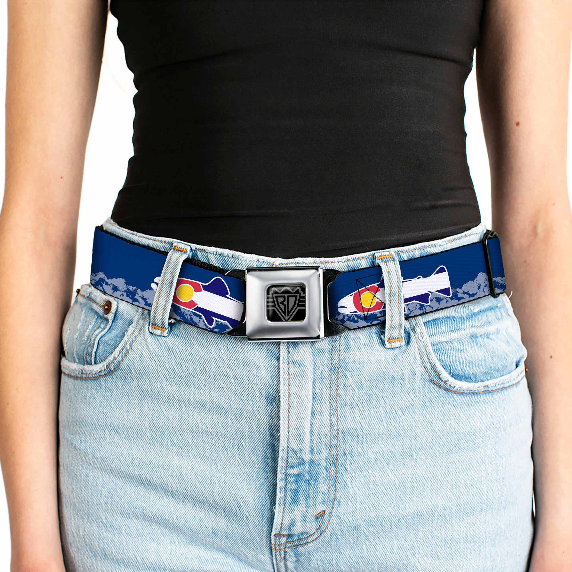 BD Wings Logo CLOSE-UP Black/Silver Seatbelt Belt - Colorado Trout Flag Blue/White/Red/Yellow Webbing Seatbelt Belts Buckle-Down