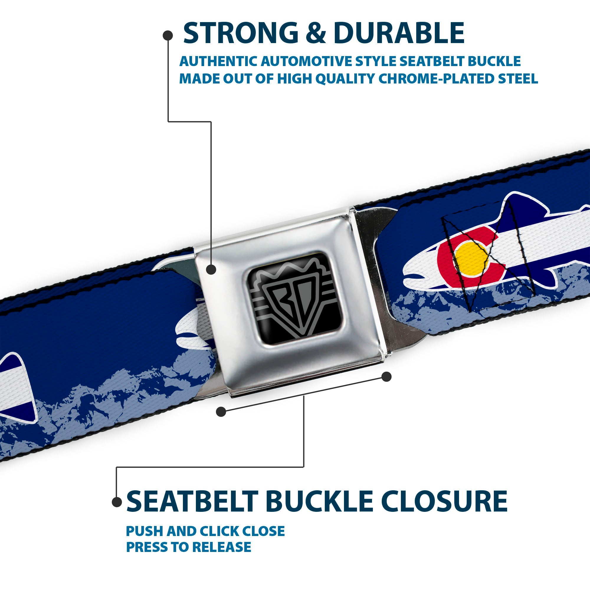 BD Wings Logo CLOSE-UP Black/Silver Seatbelt Belt - Colorado Trout Flag Blue/White/Red/Yellow Webbing Seatbelt Belts Buckle-Down