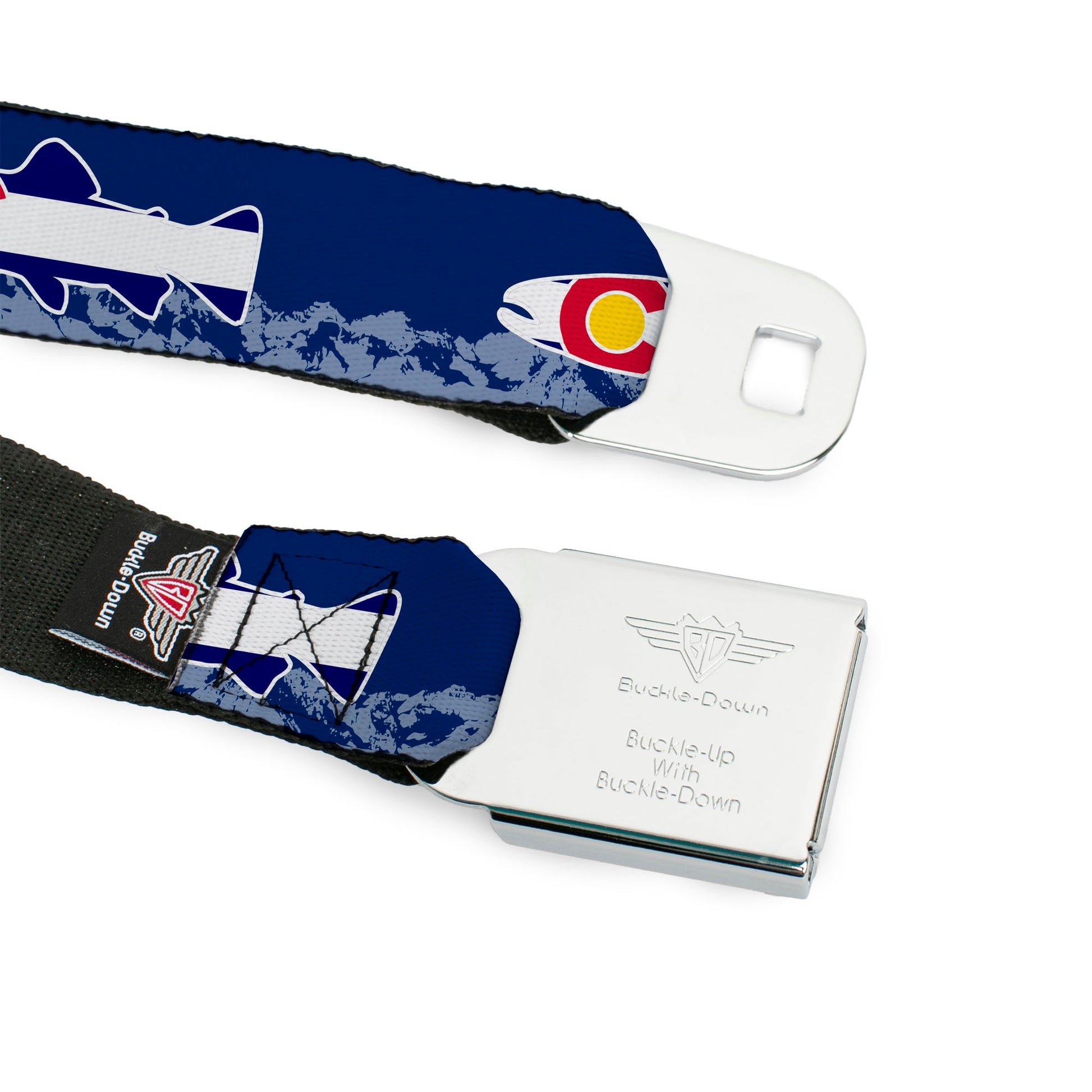 BD Wings Logo CLOSE-UP Black/Silver Seatbelt Belt - Colorado Trout Flag Blue/White/Red/Yellow Webbing Seatbelt Belts Buckle-Down