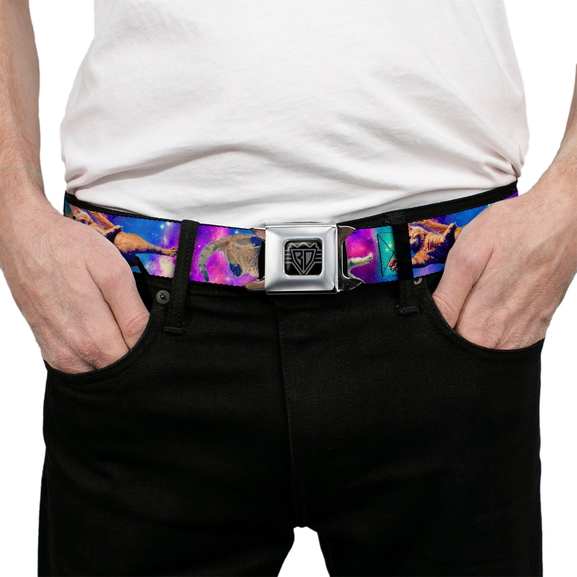 BD Wings Logo CLOSE-UP Full Color Black Silver Seatbelt Belt - Cats in Space Pinks/Blues Webbing Seatbelt Belts Buckle-Down