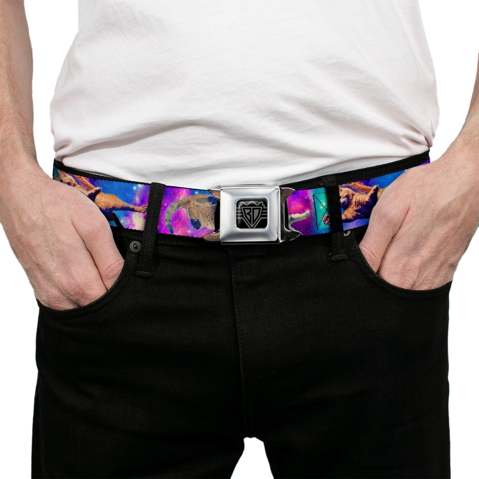 BD Wings Logo CLOSE-UP Full Color Black Silver Seatbelt Belt - Cats in Space Pinks/Blues Webbing Seatbelt Belts Buckle-Down