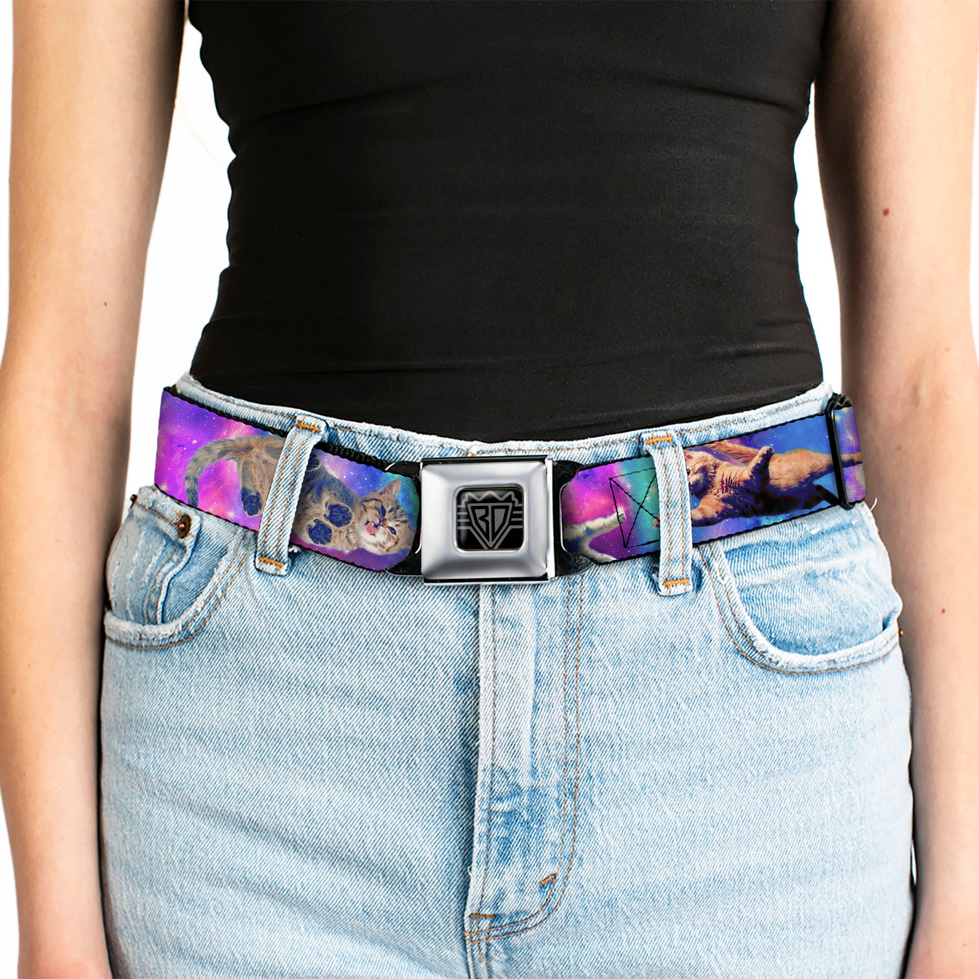 BD Wings Logo CLOSE-UP Full Color Black Silver Seatbelt Belt - Cats in Space Pinks/Blues Webbing Seatbelt Belts Buckle-Down
