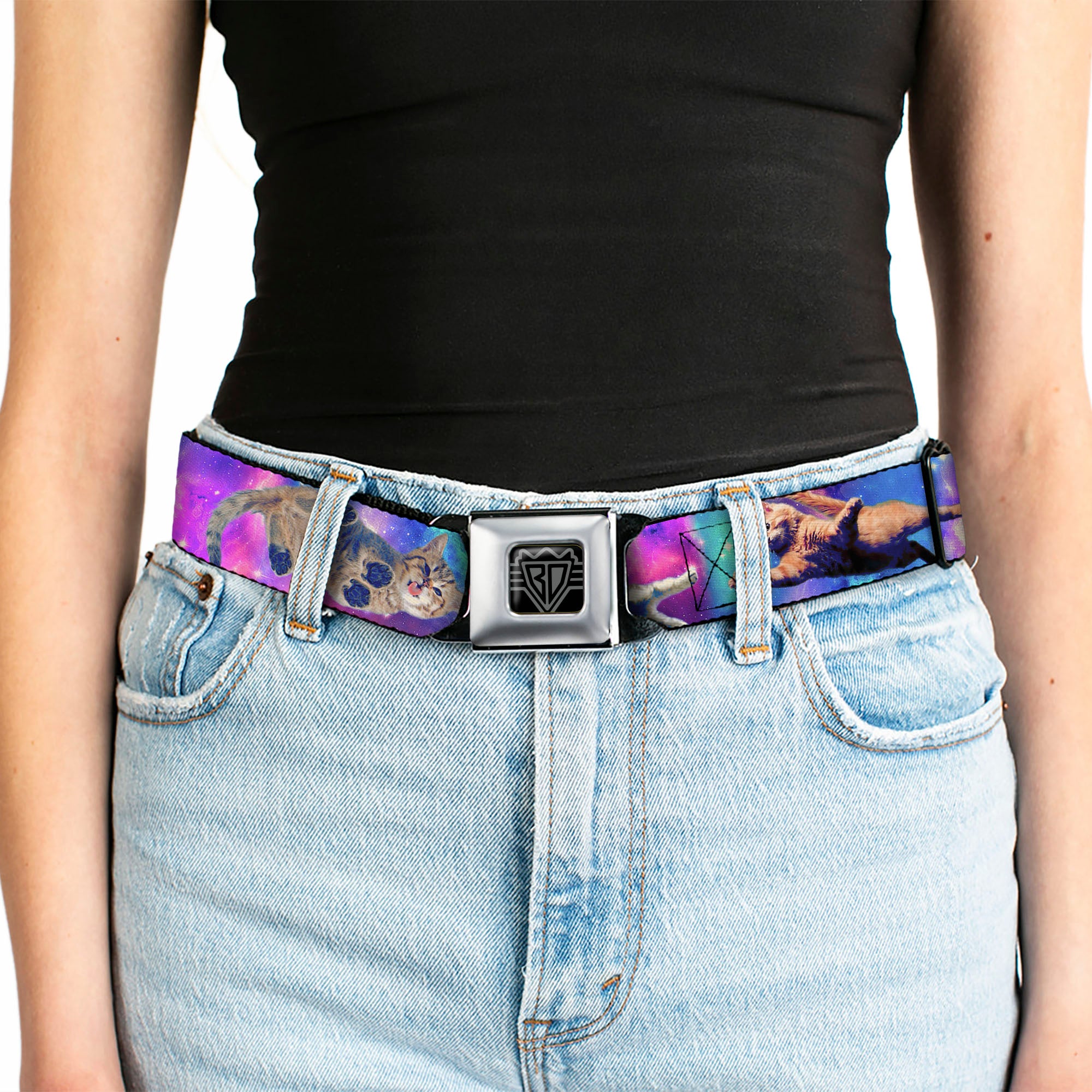 BD Wings Logo CLOSE-UP Full Color Black Silver Seatbelt Belt - Cats in Space Pinks/Blues Webbing Seatbelt Belts Buckle-Down