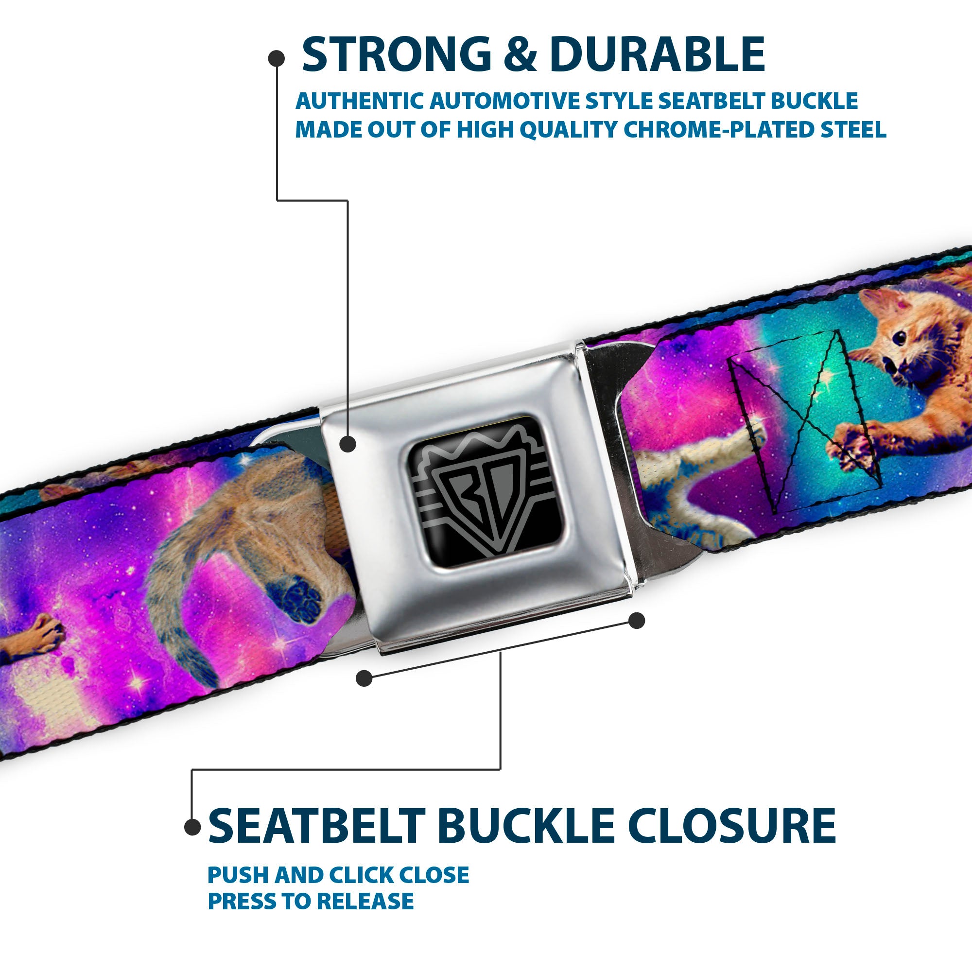 BD Wings Logo CLOSE-UP Full Color Black Silver Seatbelt Belt - Cats in Space Pinks/Blues Webbing Seatbelt Belts Buckle-Down