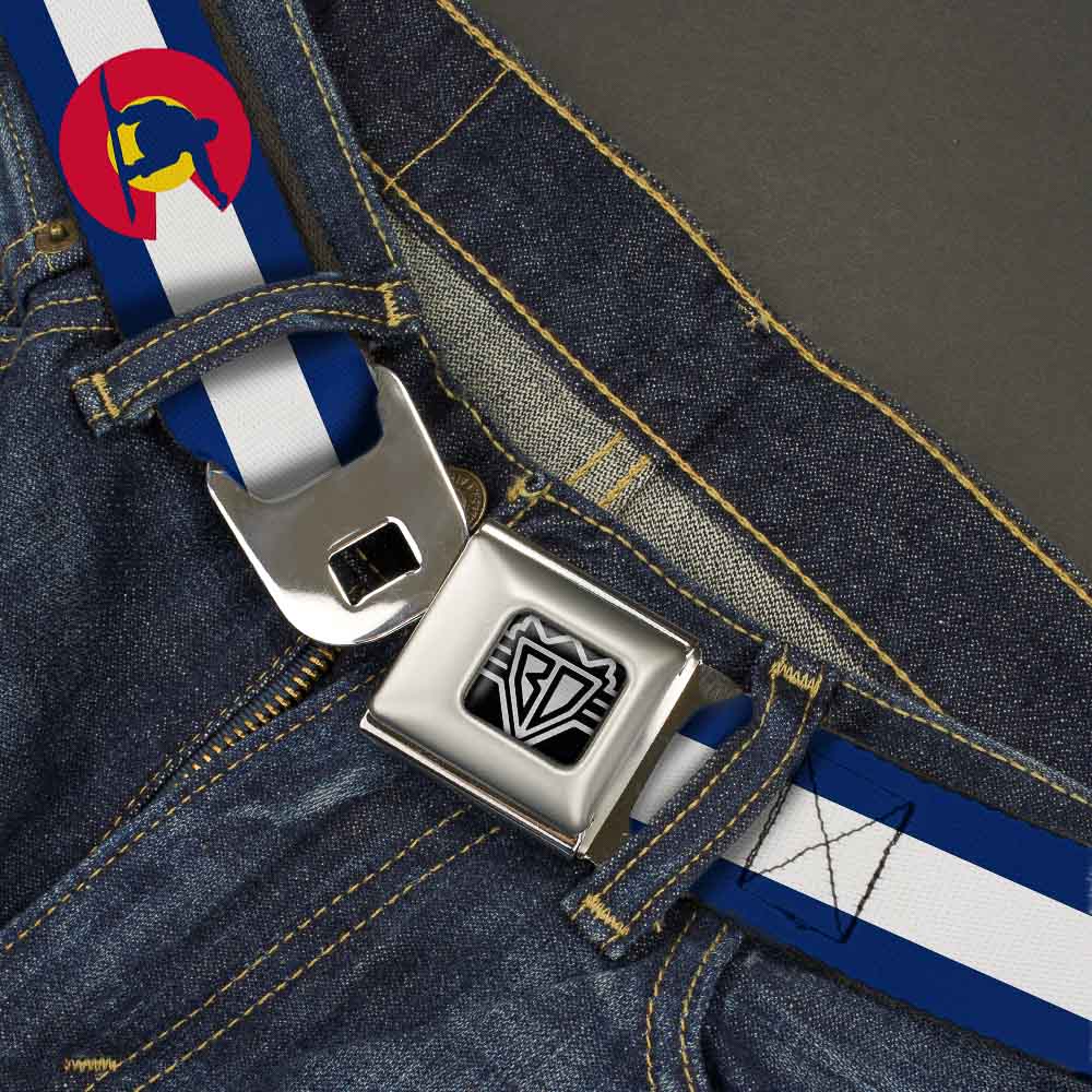 BD Wings Logo CLOSE-UP Full Color Black Silver Seatbelt Belt - Colorado Flag/Snowboarder Blue/White/Red/Yellow Webbing Seatbelt Belts Buckle-Down