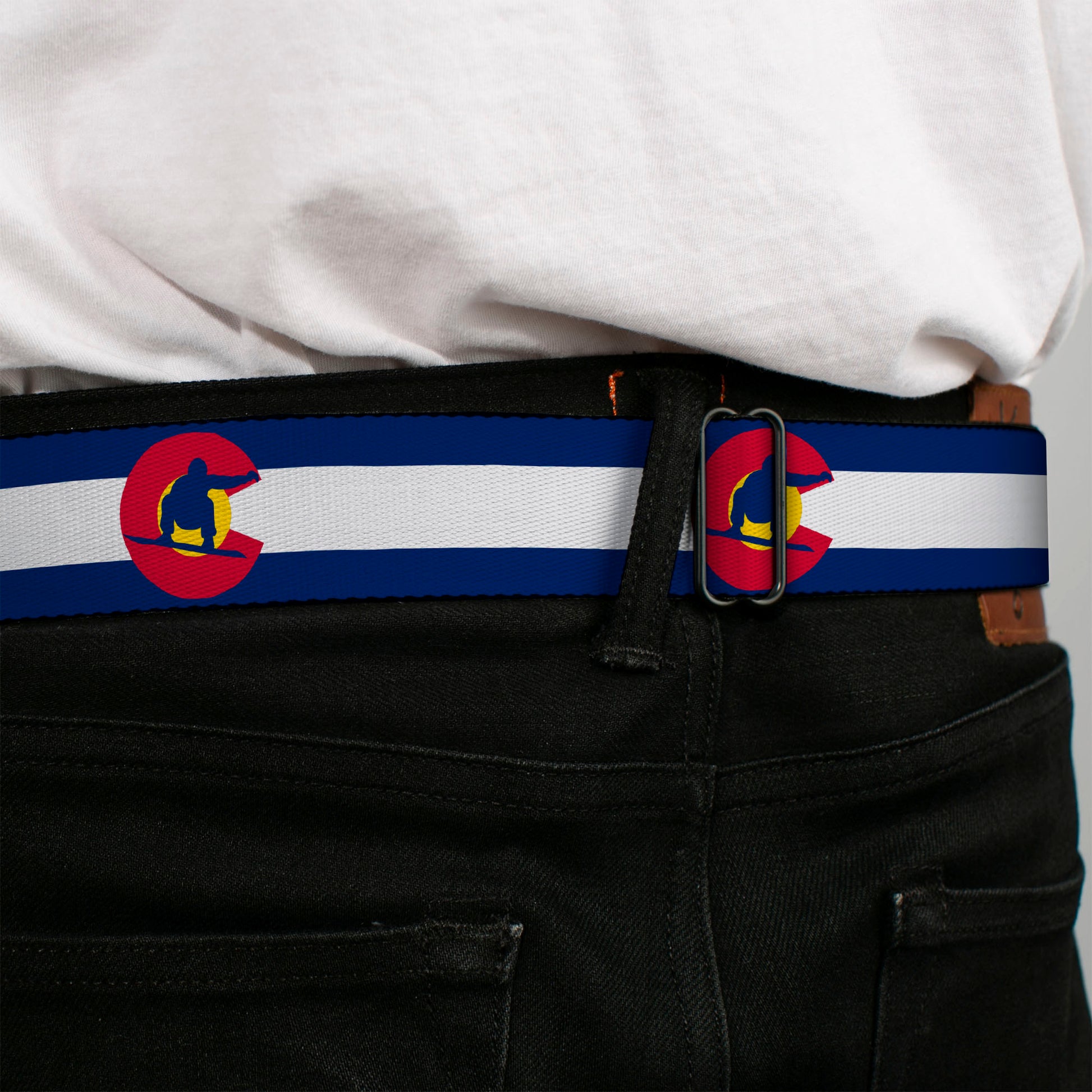 BD Wings Logo CLOSE-UP Full Color Black Silver Seatbelt Belt - Colorado Flag/Snowboarder Blue/White/Red/Yellow Webbing Seatbelt Belts Buckle-Down