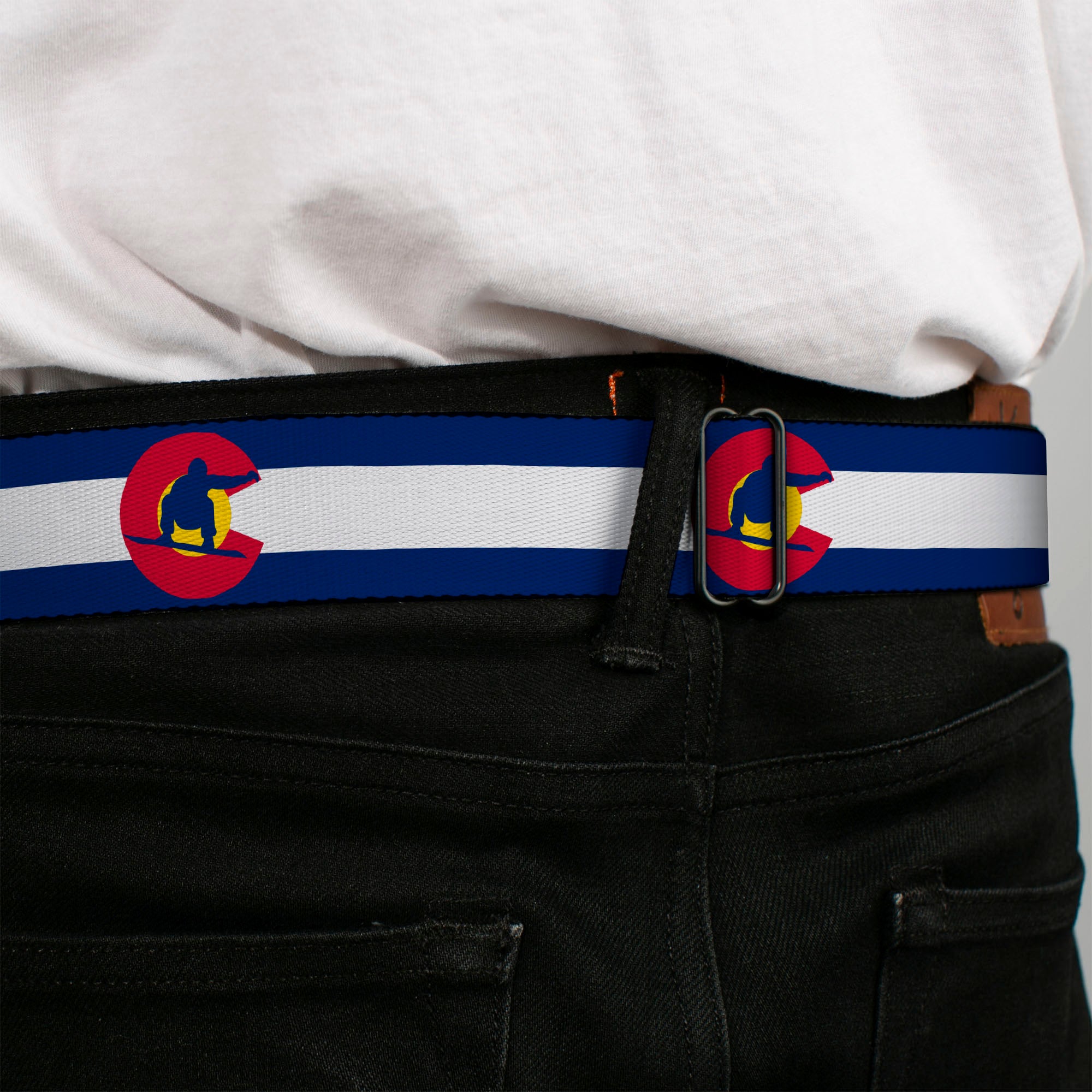 BD Wings Logo CLOSE-UP Full Color Black Silver Seatbelt Belt - Colorado Flag/Snowboarder Blue/White/Red/Yellow Webbing Seatbelt Belts Buckle-Down