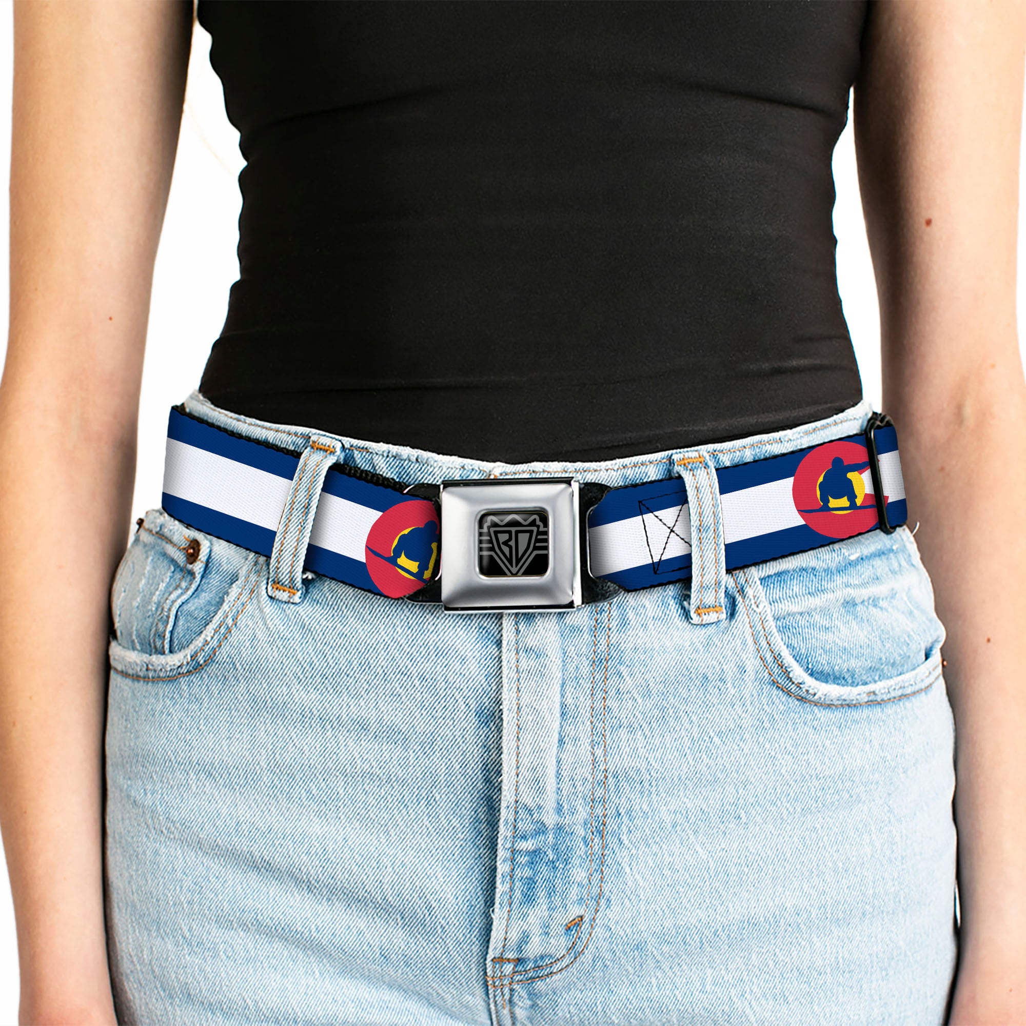 BD Wings Logo CLOSE-UP Full Color Black Silver Seatbelt Belt - Colorado Flag/Snowboarder Blue/White/Red/Yellow Webbing Seatbelt Belts Buckle-Down